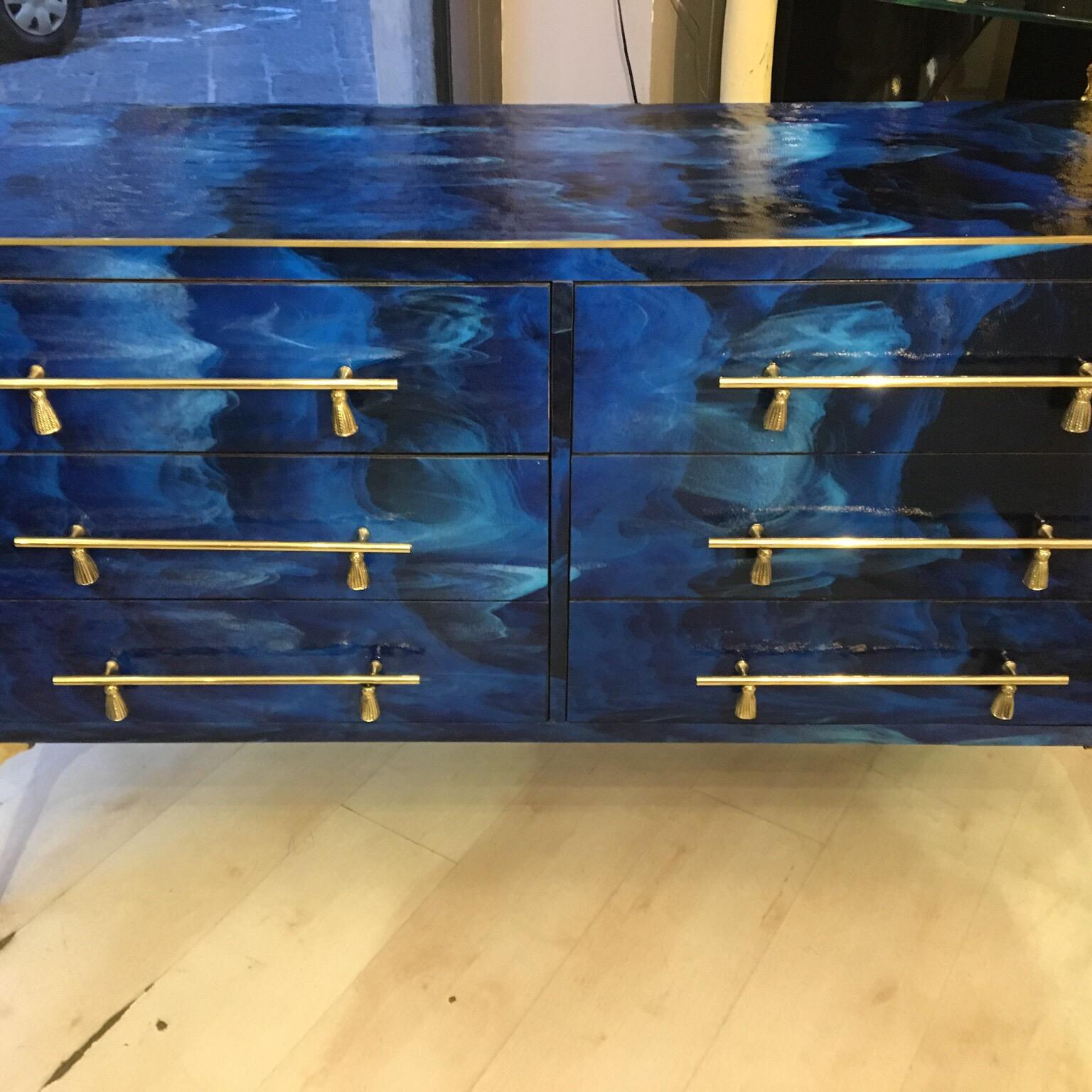 Blue Lapis Lazuli Effect Opaline Glass Chest of Drawers Brass Details, 1980s 2