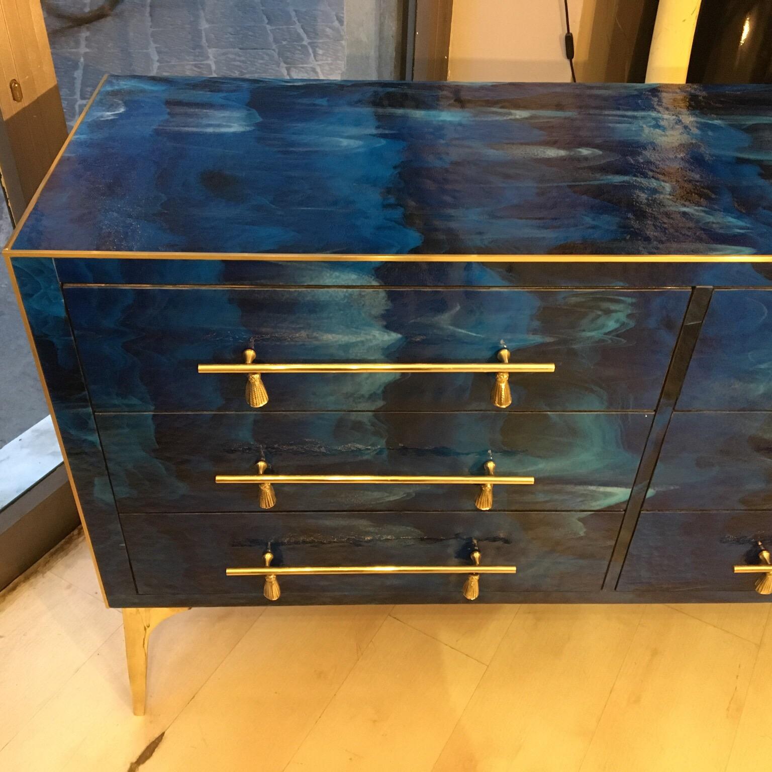 Blue Lapis Lazuli Effect Opaline Glass Chest of Drawers Brass Details, 1980s 3