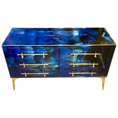 Blue Lapis Lazuli Effect Opaline Glass Chest of Drawers Brass Details, 1980s