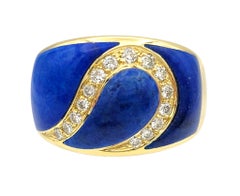 Blue Lapis Lazuli Inlay Wide Band Ring with Diamonds in 18 Karat Yellow Gold