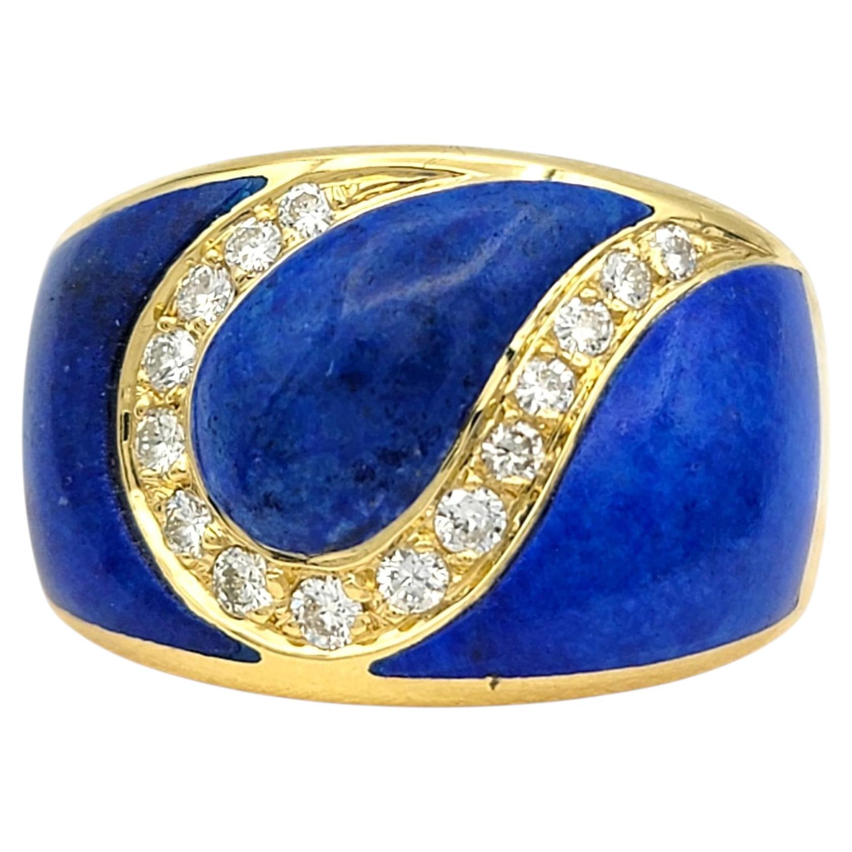 Blue Lapis Lazuli Inlay Wide Band Ring with Diamonds in 18 Karat Yellow Gold