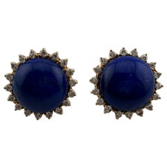 Blue Lapis Lazuli, Natural Diamond & 14k Yellow Gold Omega Back Earrings