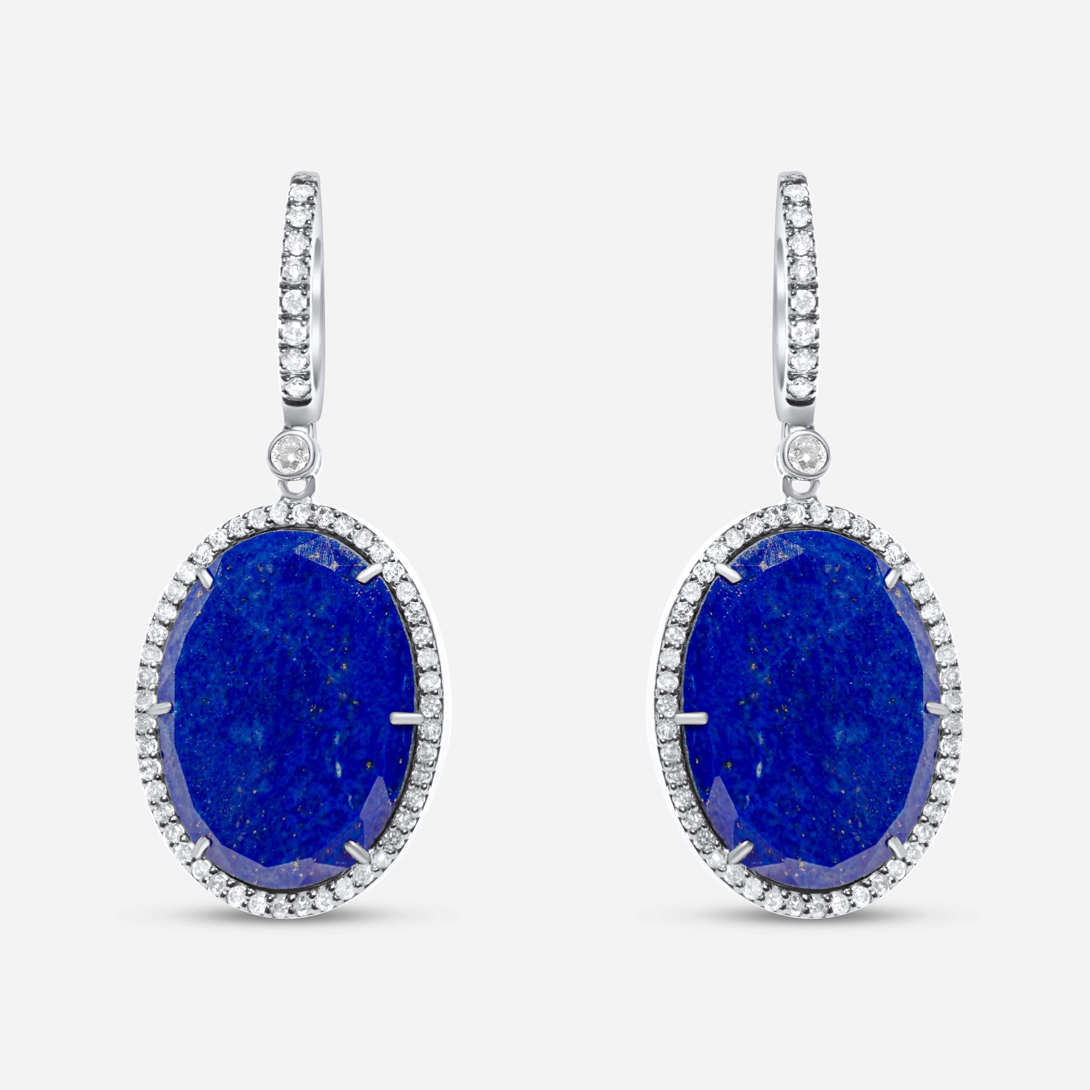 Blue Lapis Lazuli Oval Cabochon Silver Diamond Halo Drop 18K White Gold Earrings
2.00 CT Silver White Diamonds
Genuine Lapis Lazuli Cabochon Slice Gemstones

Important Information:
Please note that this item will take 2-4 weeks to deliver - it is