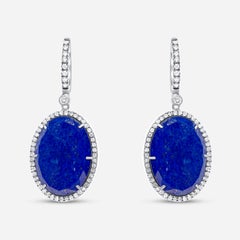 Blue Lapis Lazuli Oval Cabochon Silver Diamond Halo Drop 18k White Gold Earrings