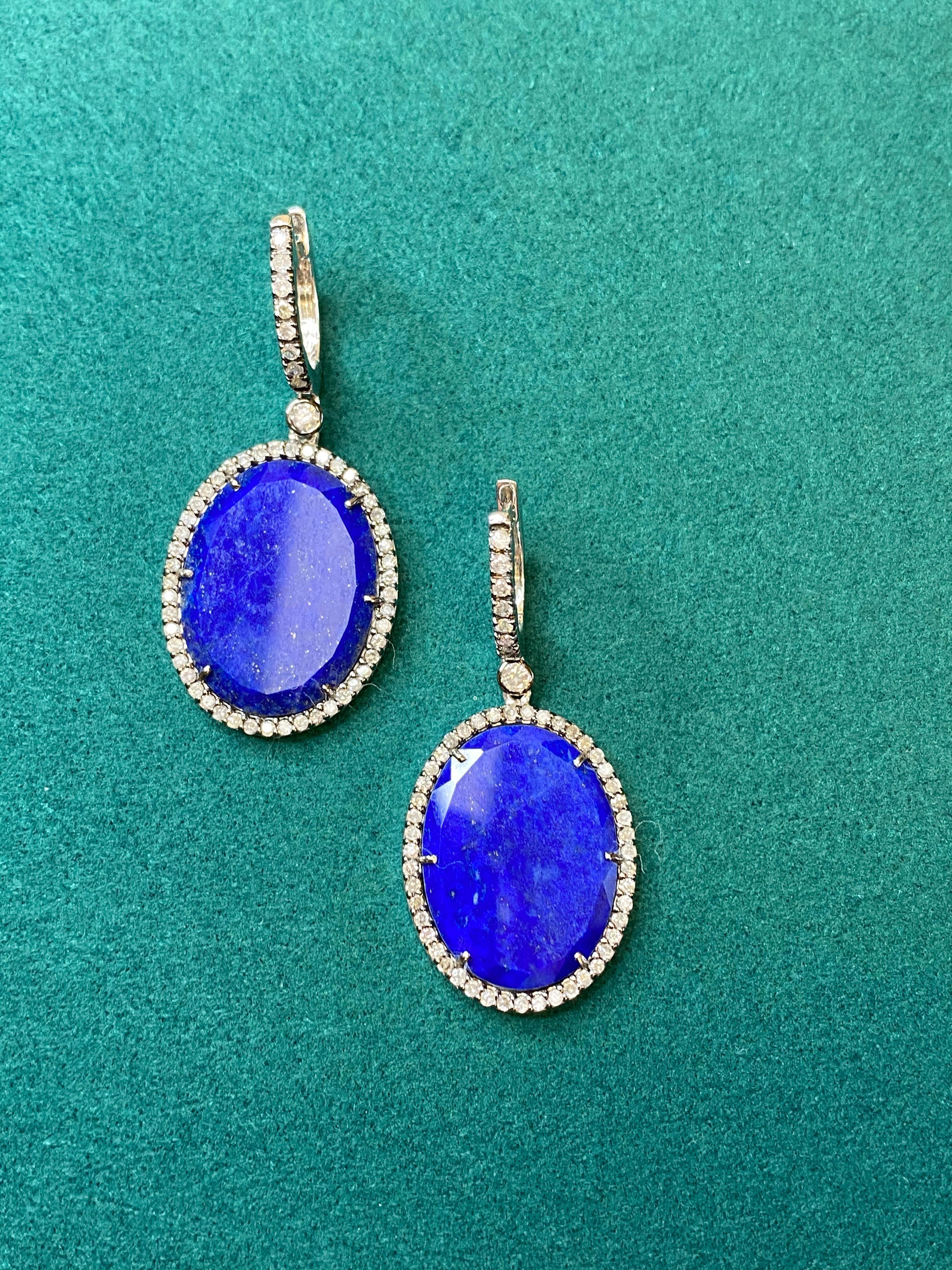 Art Deco Blue Lapis Lazuli Oval Cabochon Silver Diamond Halo Drop 18k White Gold Earrings For Sale