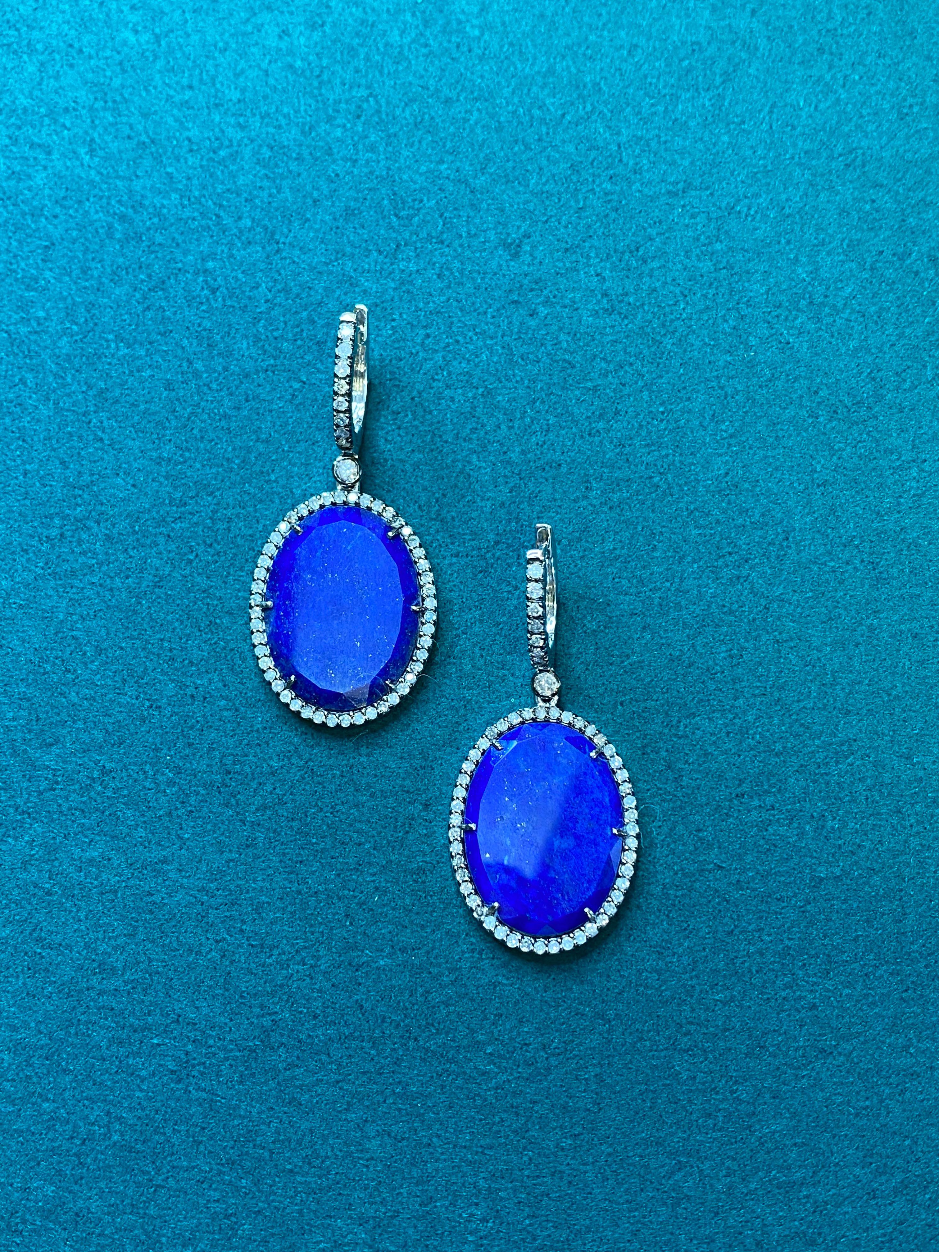 Oval Cut Blue Lapis Lazuli Oval Cabochon Silver Diamond Halo Drop 18k White Gold Earrings For Sale