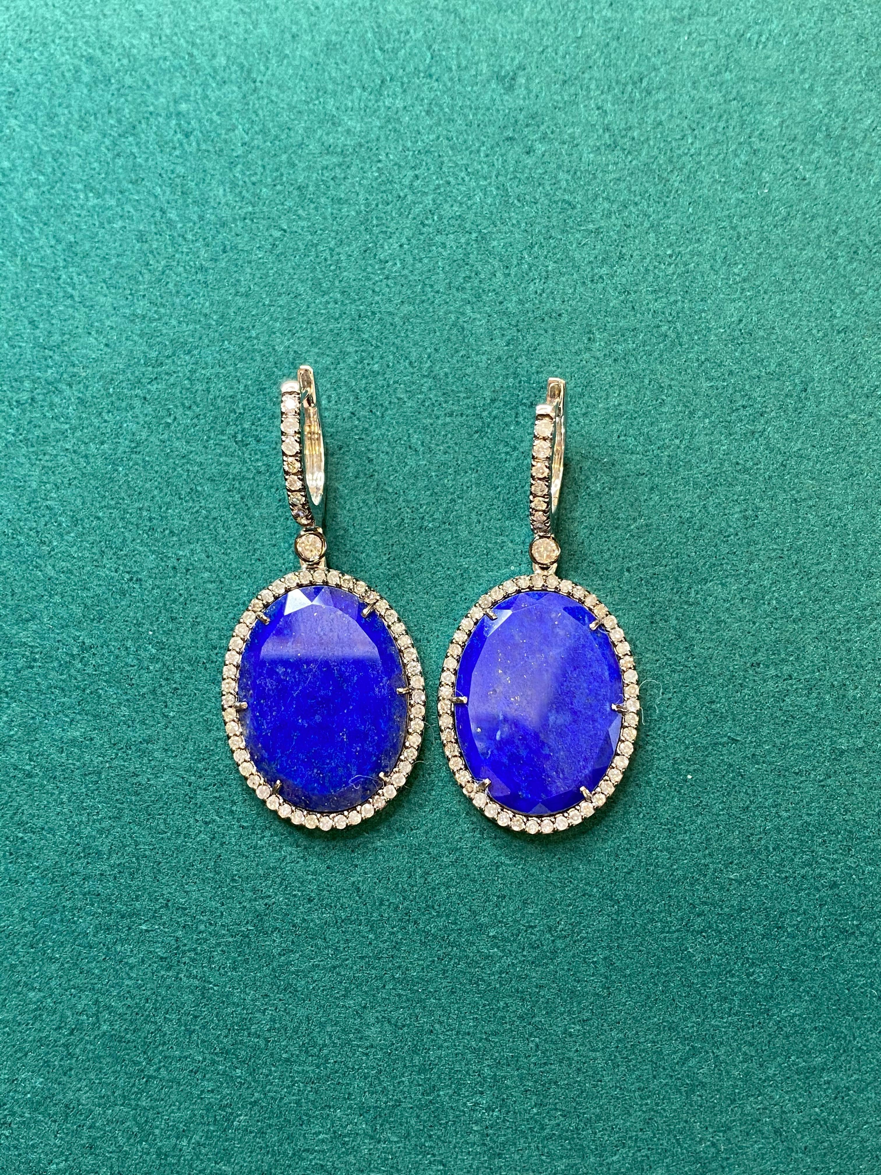 Blue Lapis Lazuli Oval Cabochon Silver Diamond Halo Drop 18k White Gold Earrings In New Condition For Sale In Oakton, VA