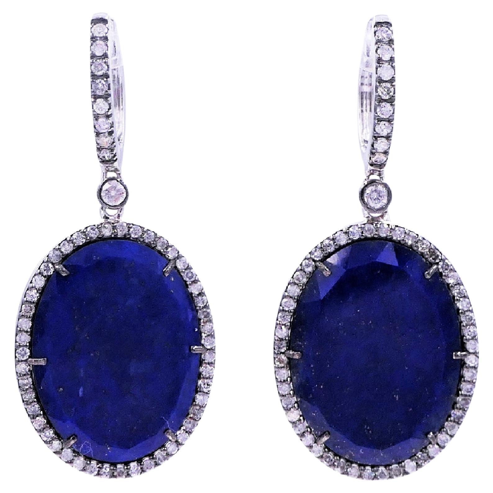 Blue Lapis Lazuli Oval Cabochon Silver Diamond Halo Drop 18k White Gold Earrings For Sale