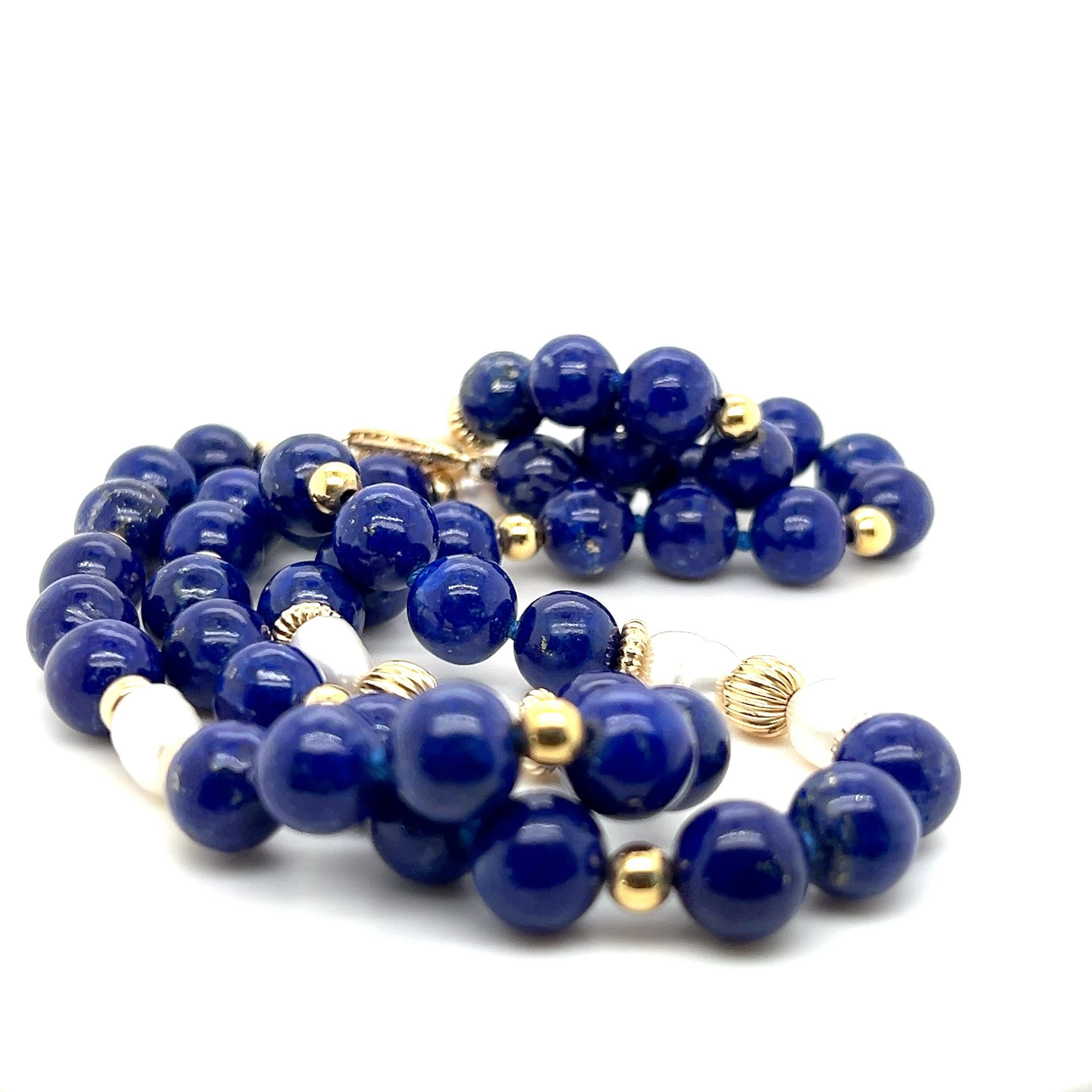 Blue Lapis Lazuli, Pearl, and 14k Yellow Gold Contemporary 1980s Beaded Necklace For Sale 5