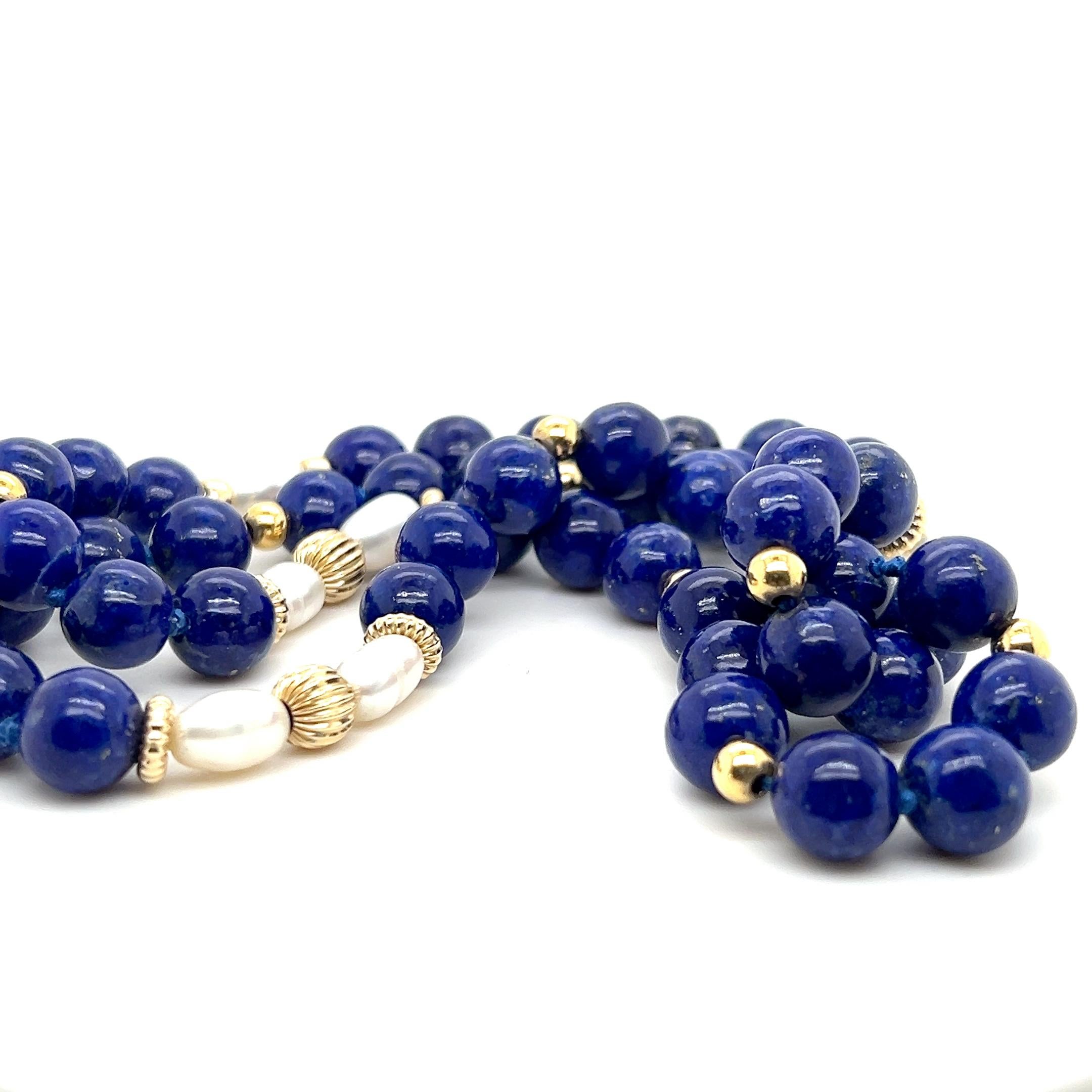Blue Lapis Lazuli, Pearl, and 14k Yellow Gold Contemporary 1980s Beaded Necklace For Sale 6