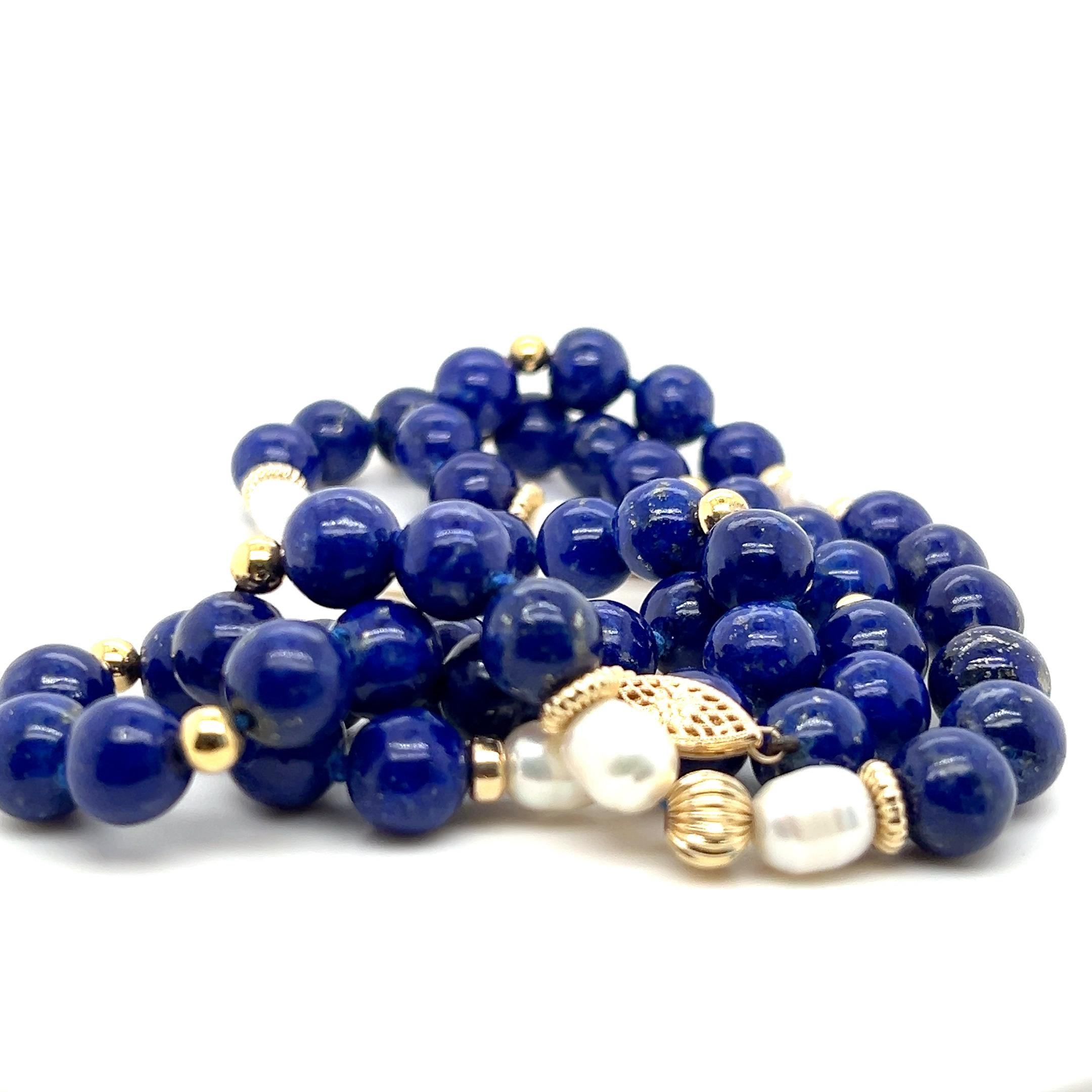 Blue Lapis Lazuli, Pearl, and 14k Yellow Gold Contemporary 1980s Beaded Necklace For Sale 7