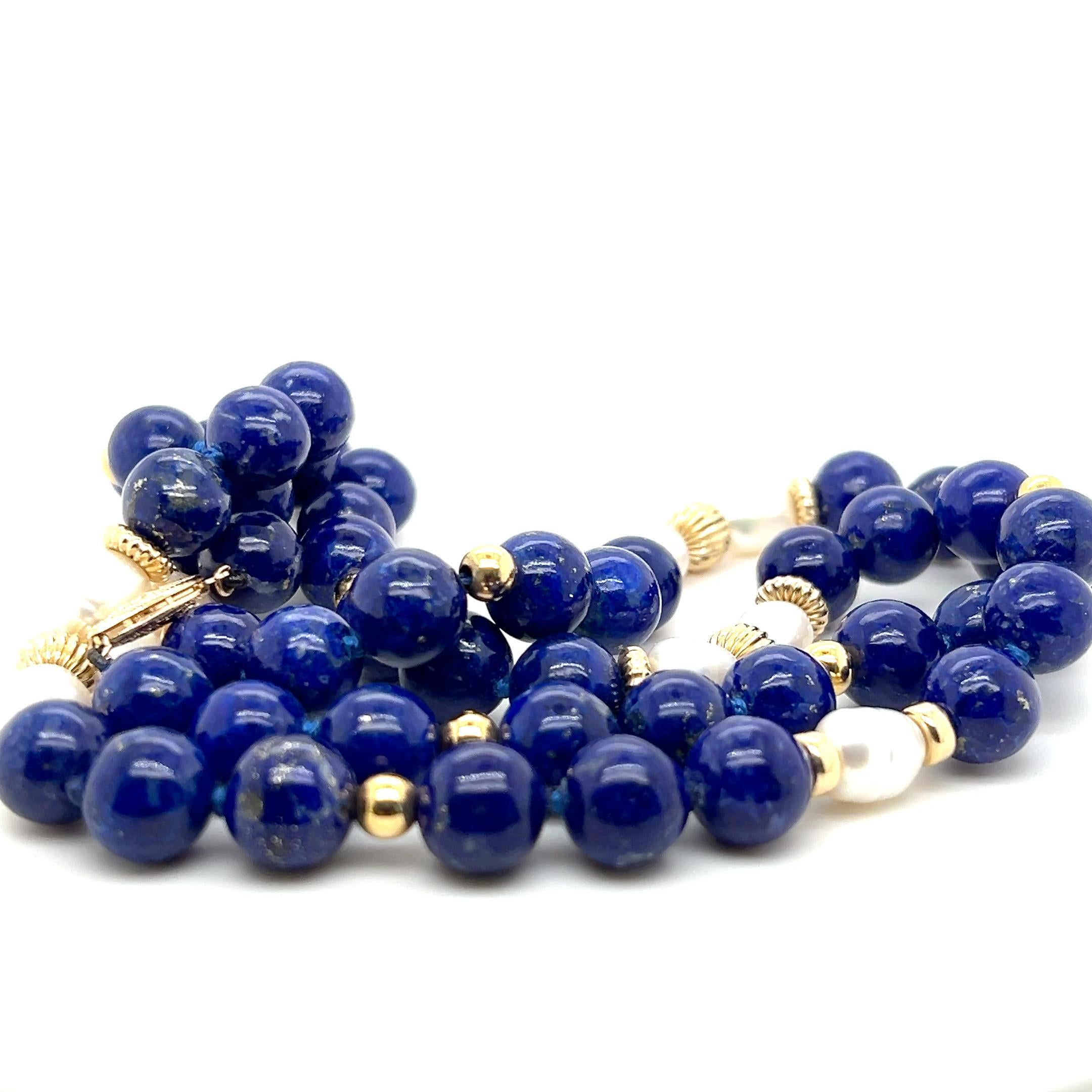Blue Lapis Lazuli, Pearl, and 14k Yellow Gold Contemporary 1980s Beaded Necklace For Sale 8