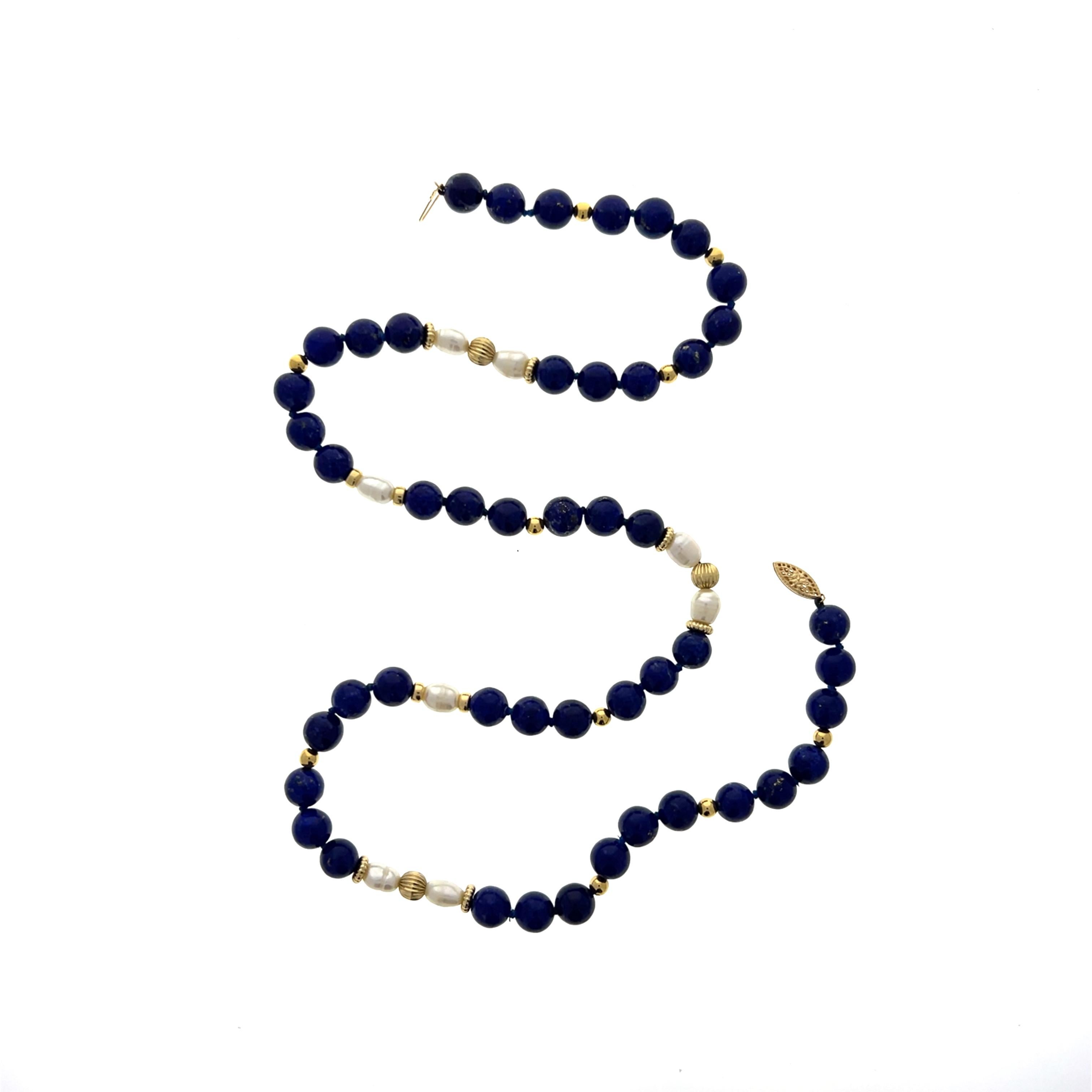 Blue Lapis Lazuli, Pearl, and 14k Yellow Gold Contemporary 1980s Beaded Necklace For Sale 9