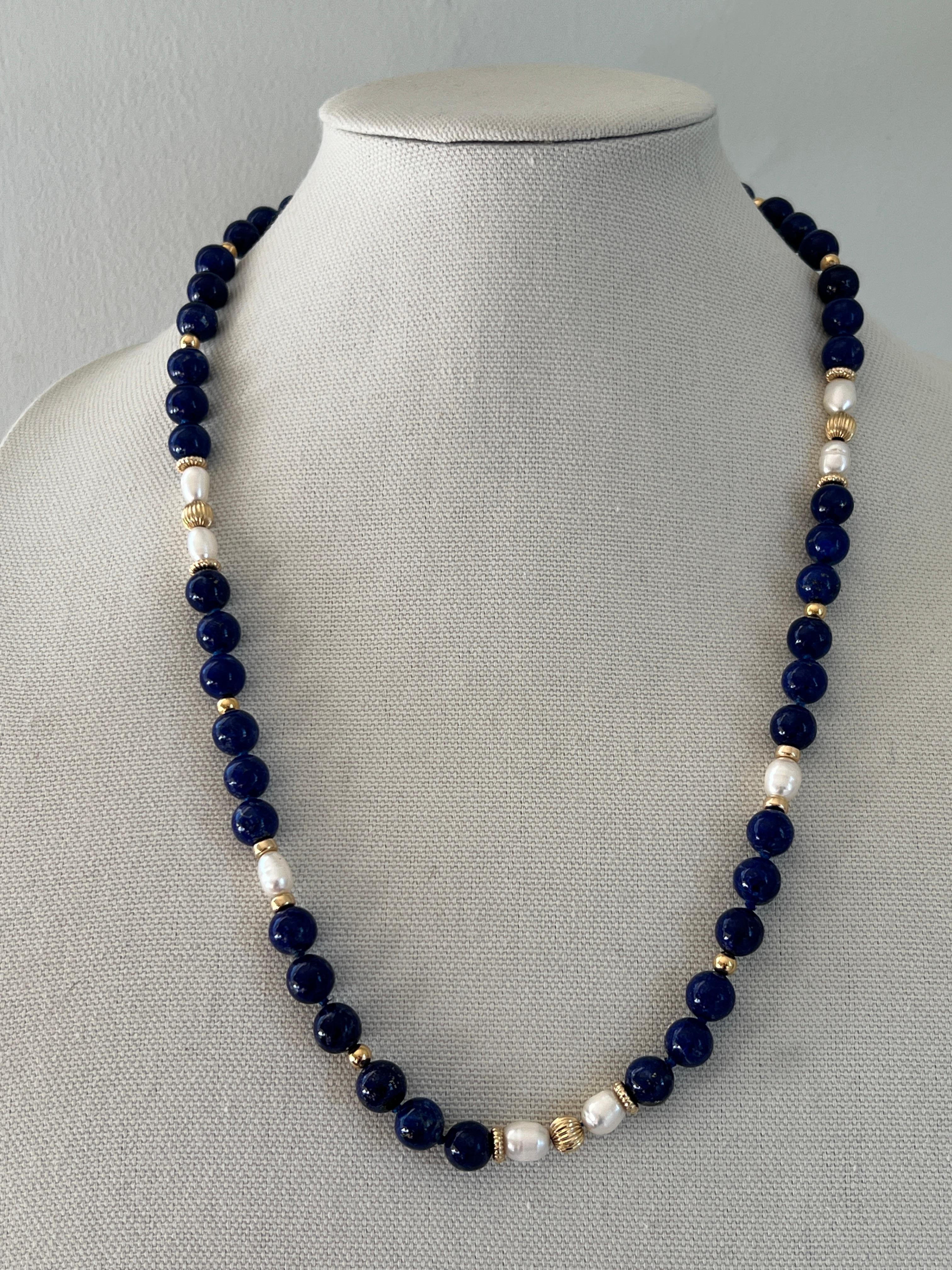 Round Cut Blue Lapis Lazuli, Pearl, and 14k Yellow Gold Contemporary 1980s Beaded Necklace For Sale