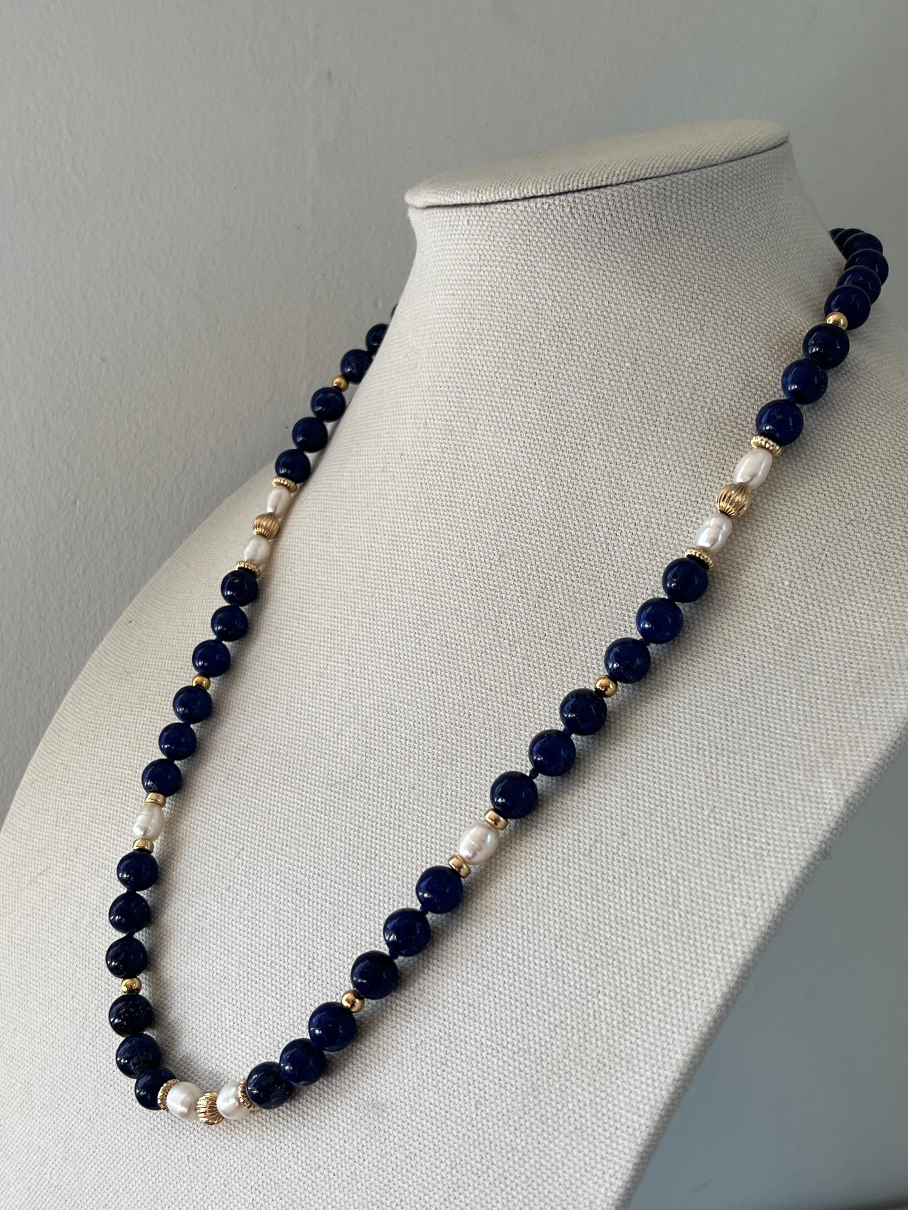 Blue Lapis Lazuli, Pearl, and 14k Yellow Gold Contemporary 1980s Beaded Necklace In Good Condition For Sale In Towson, MD