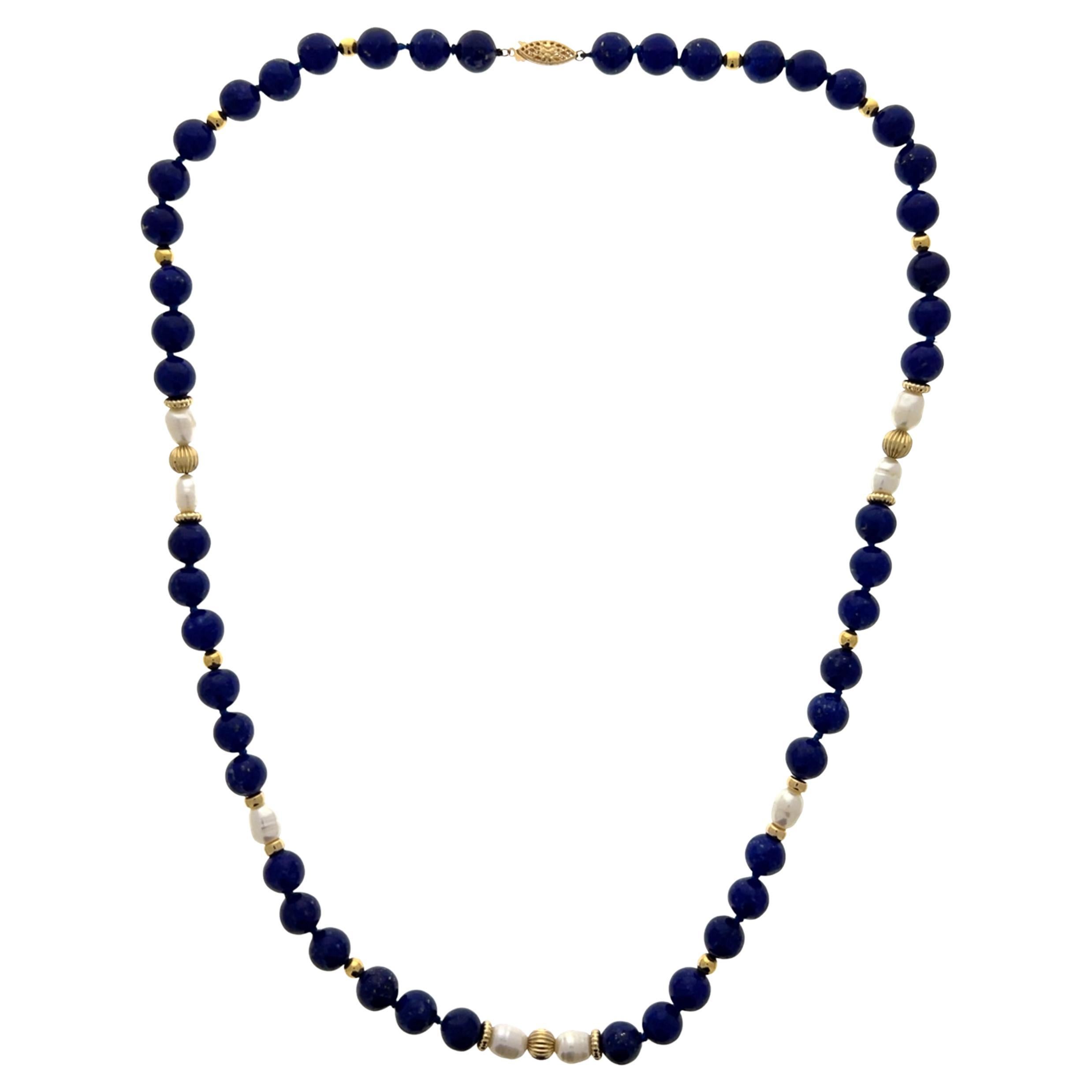 Blue Lapis Lazuli, Pearl, and 14k Yellow Gold Contemporary 1980s Beaded Necklace