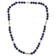 Blue Lapis Lazuli, Pearl, and 14k Yellow Gold Contemporary 1980s Beaded Necklace