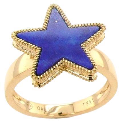 Blue Lapis Lazuli Star Galaxy Celestial Constellation Zodiac Yellow Gold Ring
18K Yellow Gold
Blue Lapis Lazuli Cabochon Gemstone in a handcut, unique Star Shape 
Ring Size 7 - Resizable Upon Request