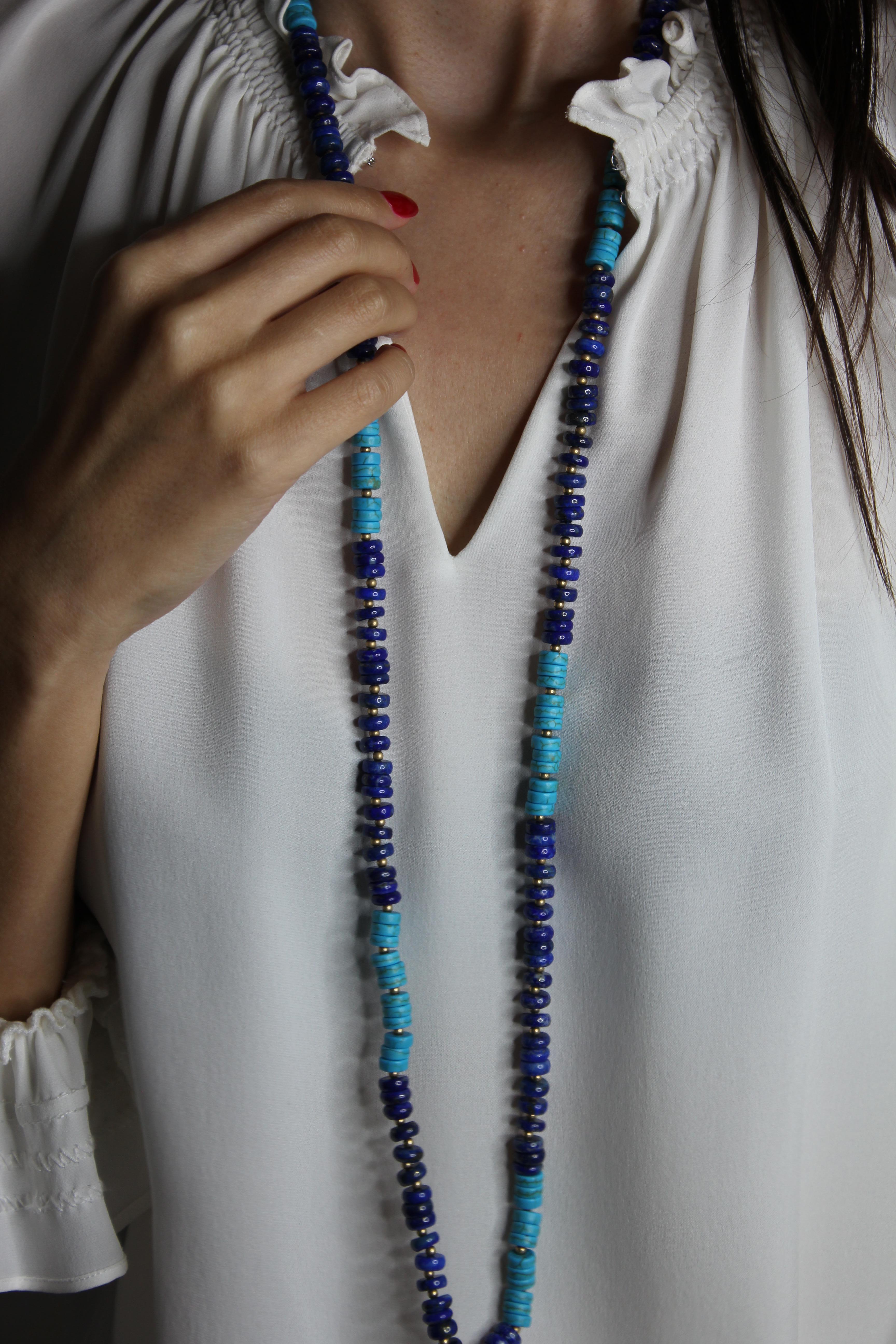 Blue Lapis Lazuli Turquoise Beads 14K Yellow Gold Bead Long Necklace For Sale 6