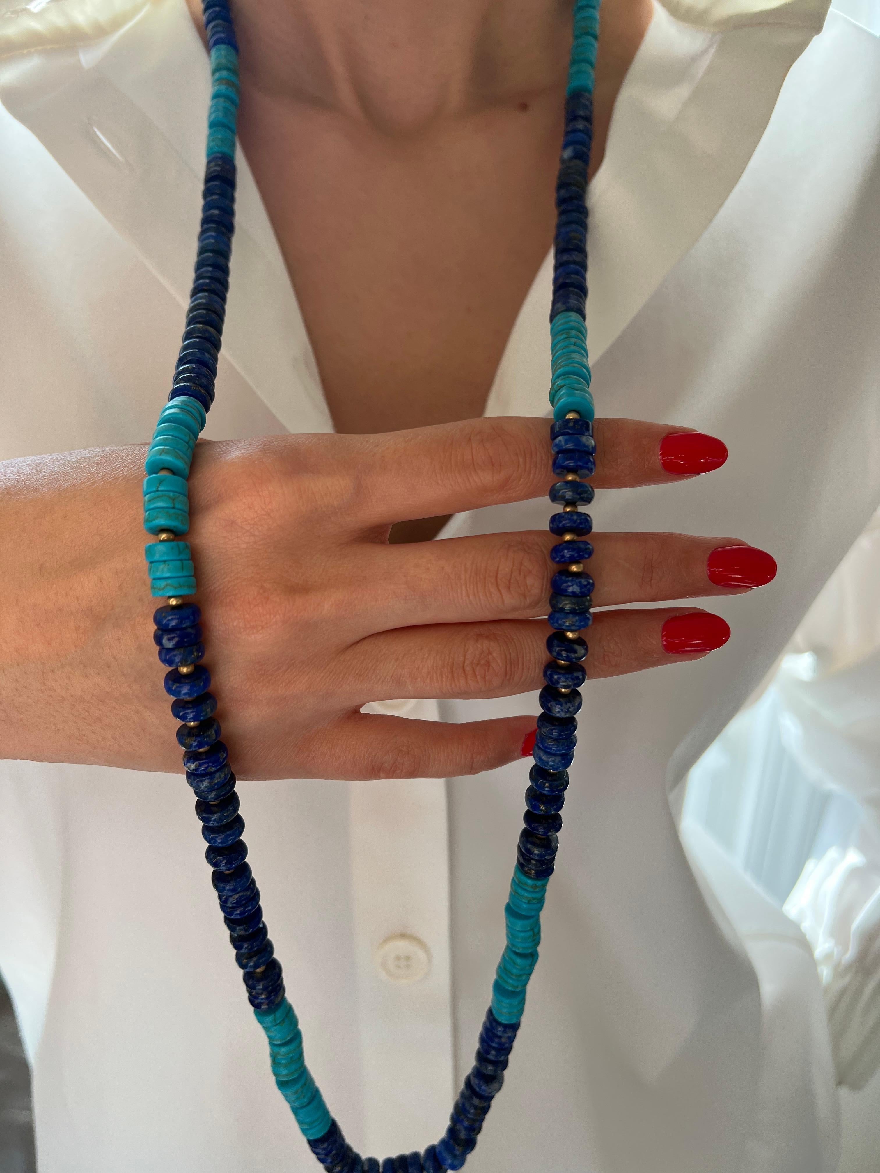 Blue Lapis Lazuli Turquoise Beads 14K Yellow Gold Bead Long Necklace For Sale 7
