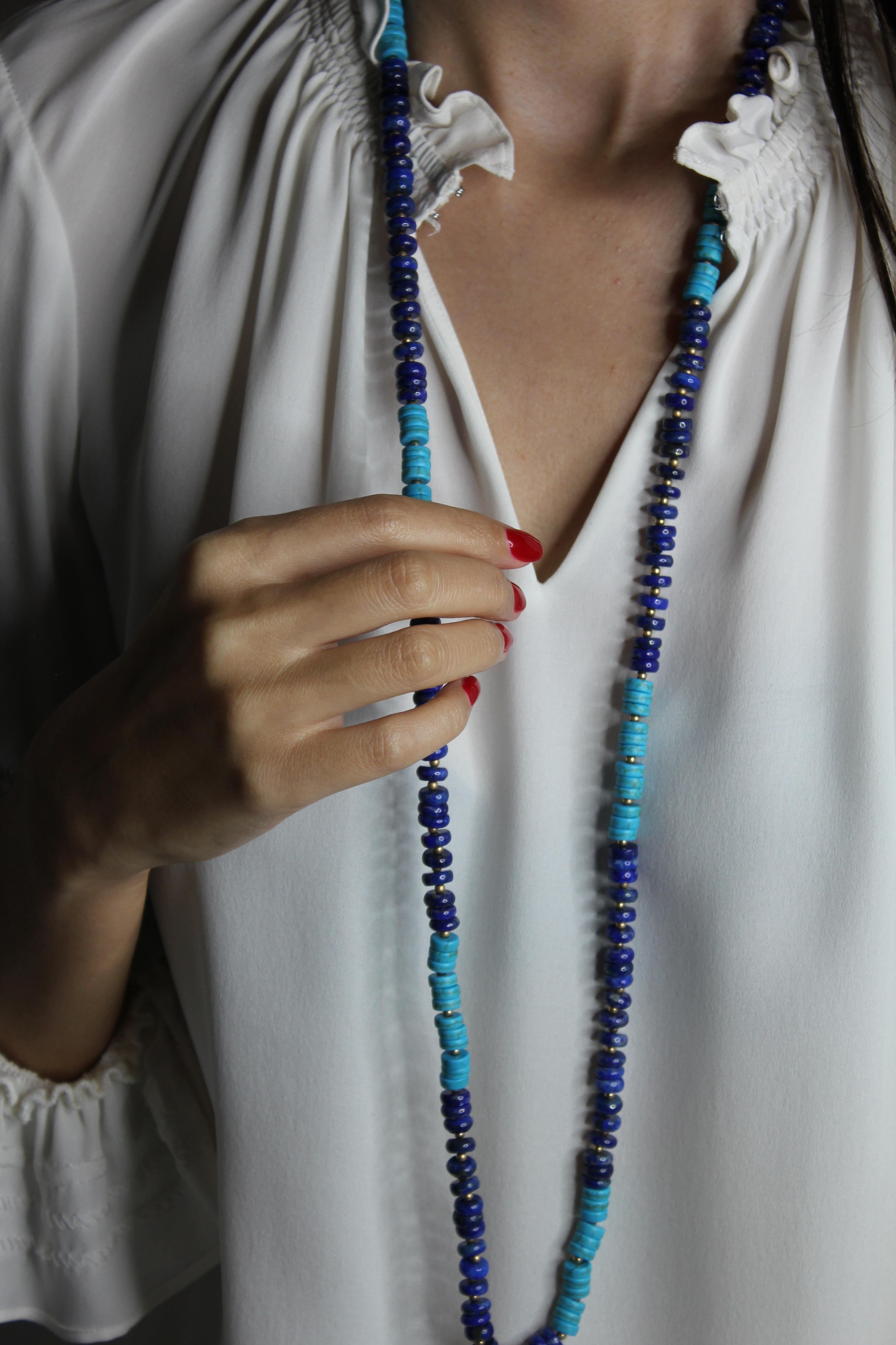 Blue Lapis Lazuli Turquoise Beads 14K Yellow Gold Bead Long Necklace For Sale 8