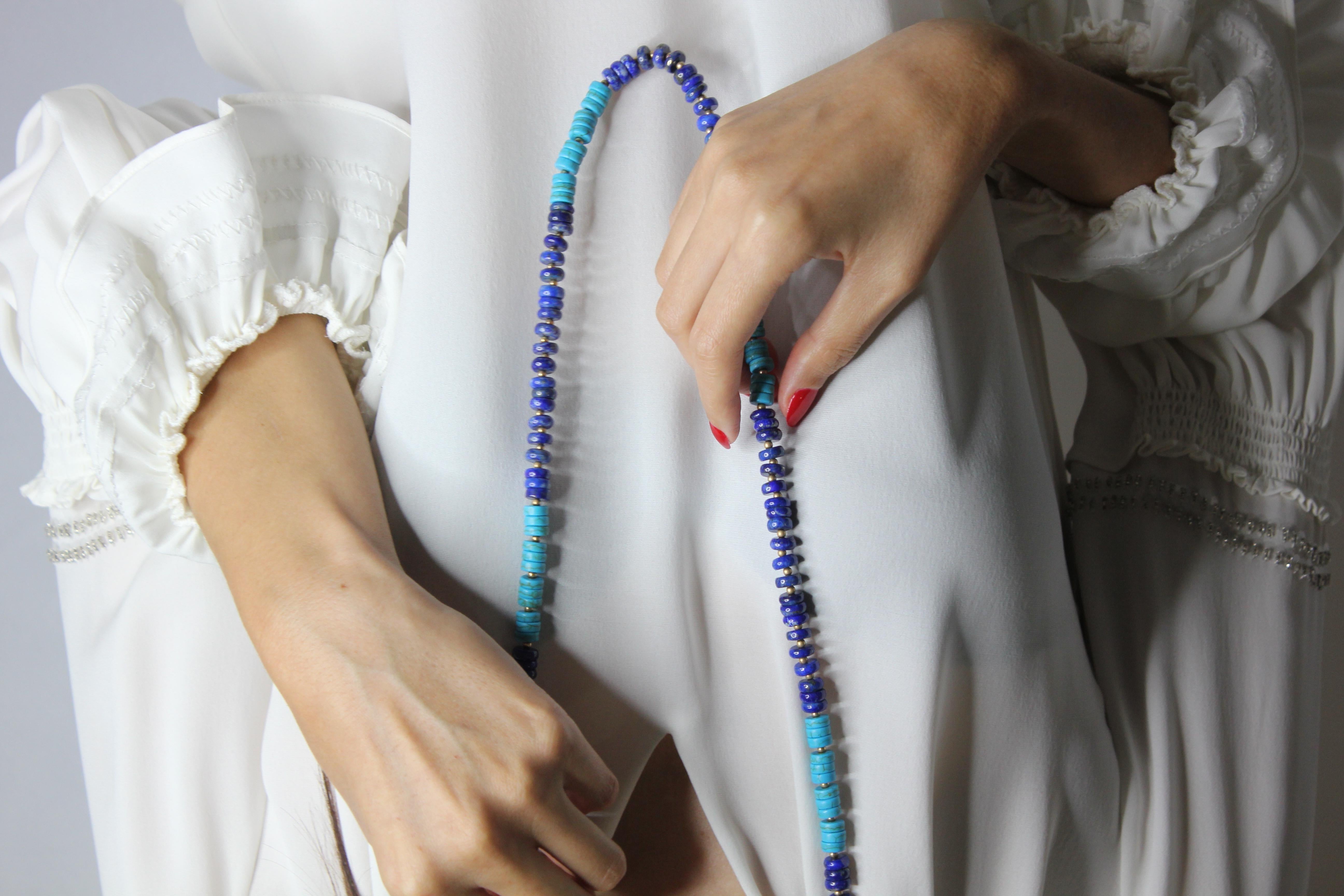 Blue Lapis Lazuli Turquoise Beads 14K Yellow Gold Bead Long Necklace For Sale 9