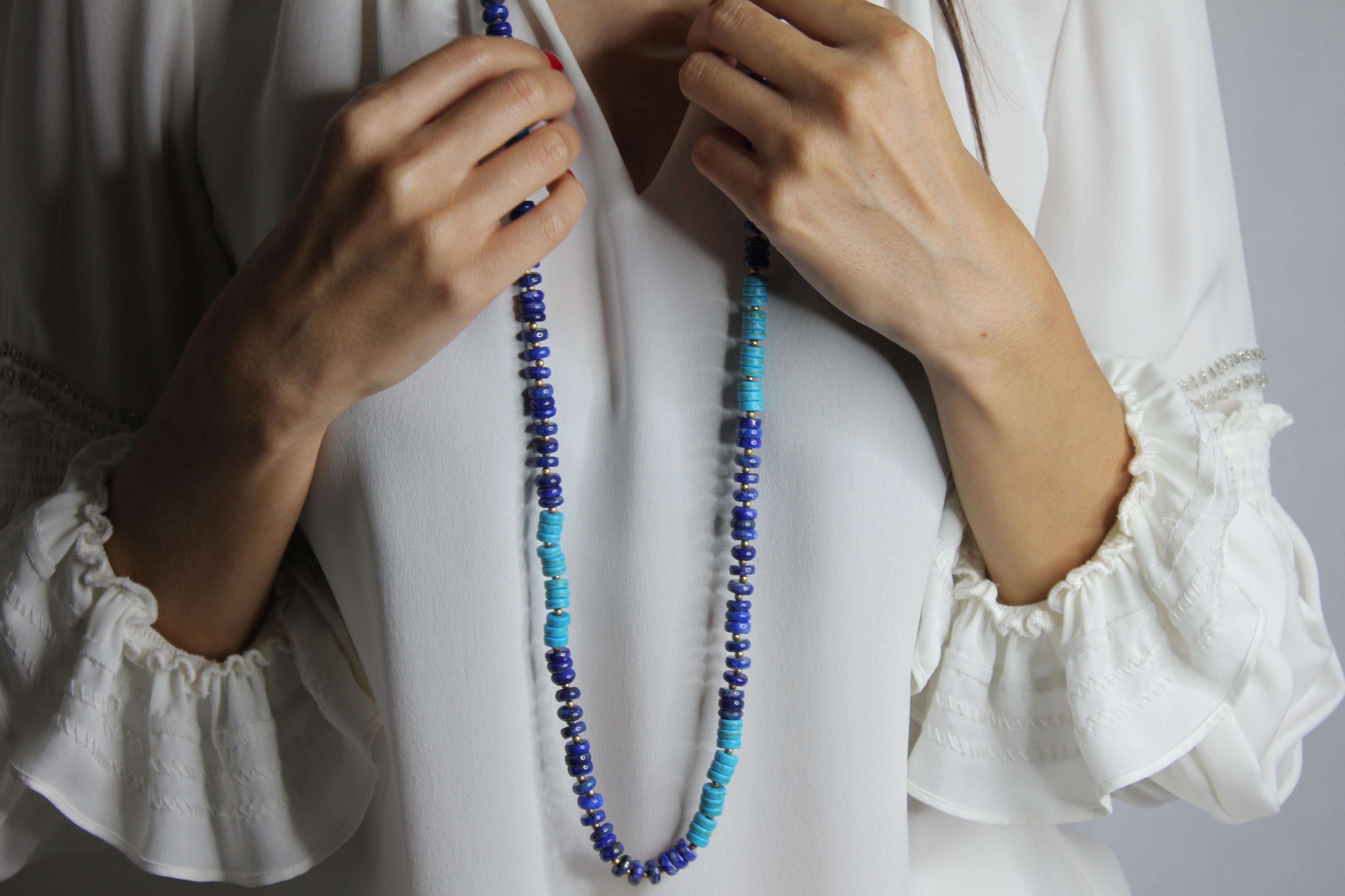 Blue Lapis Lazuli Turquoise Beads 14K Yellow Gold Bead Long Necklace For Sale 10