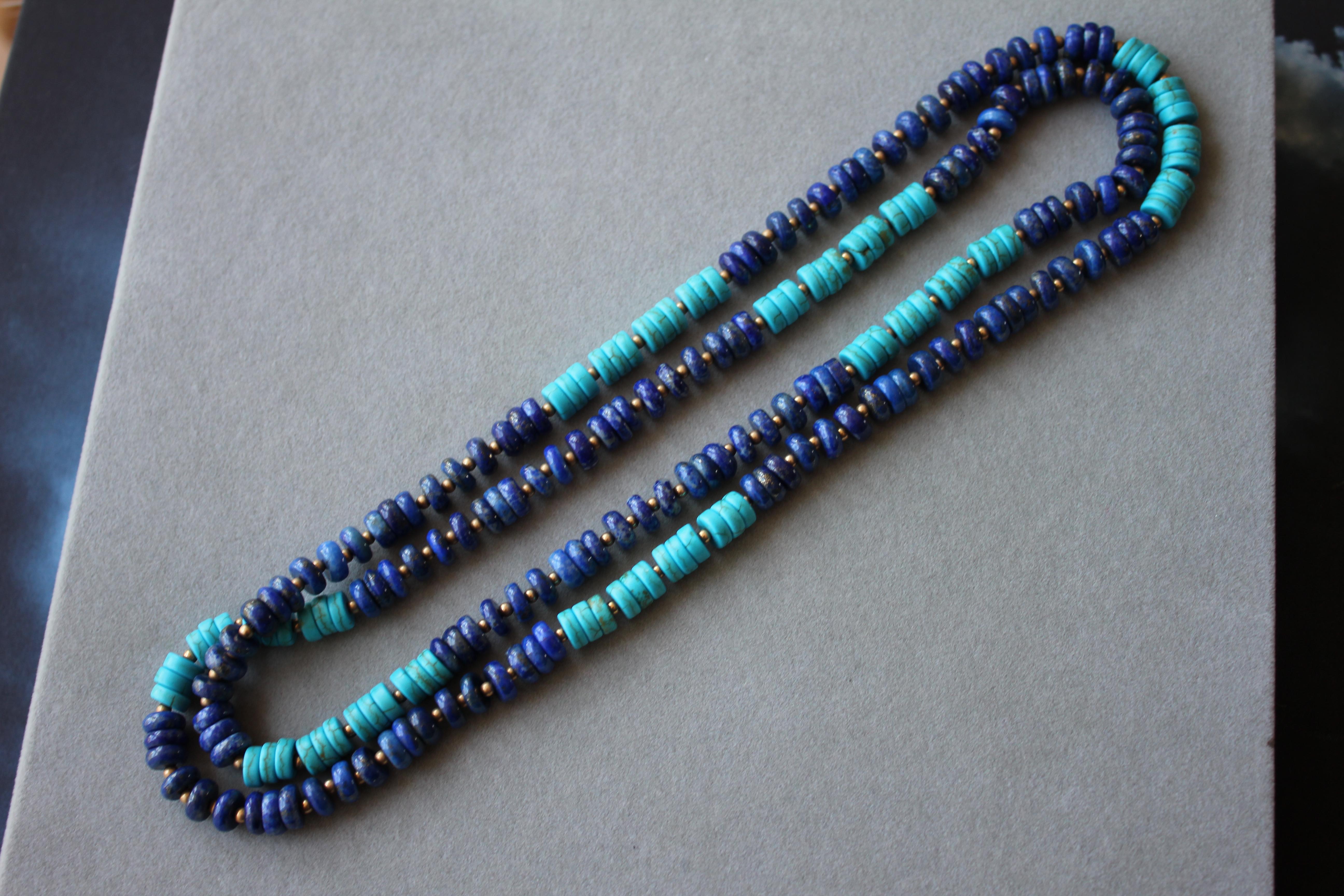 Blue Lapis Lazuli Turquoise Beads 14K Yellow Gold Bead Long Necklace For Sale 11