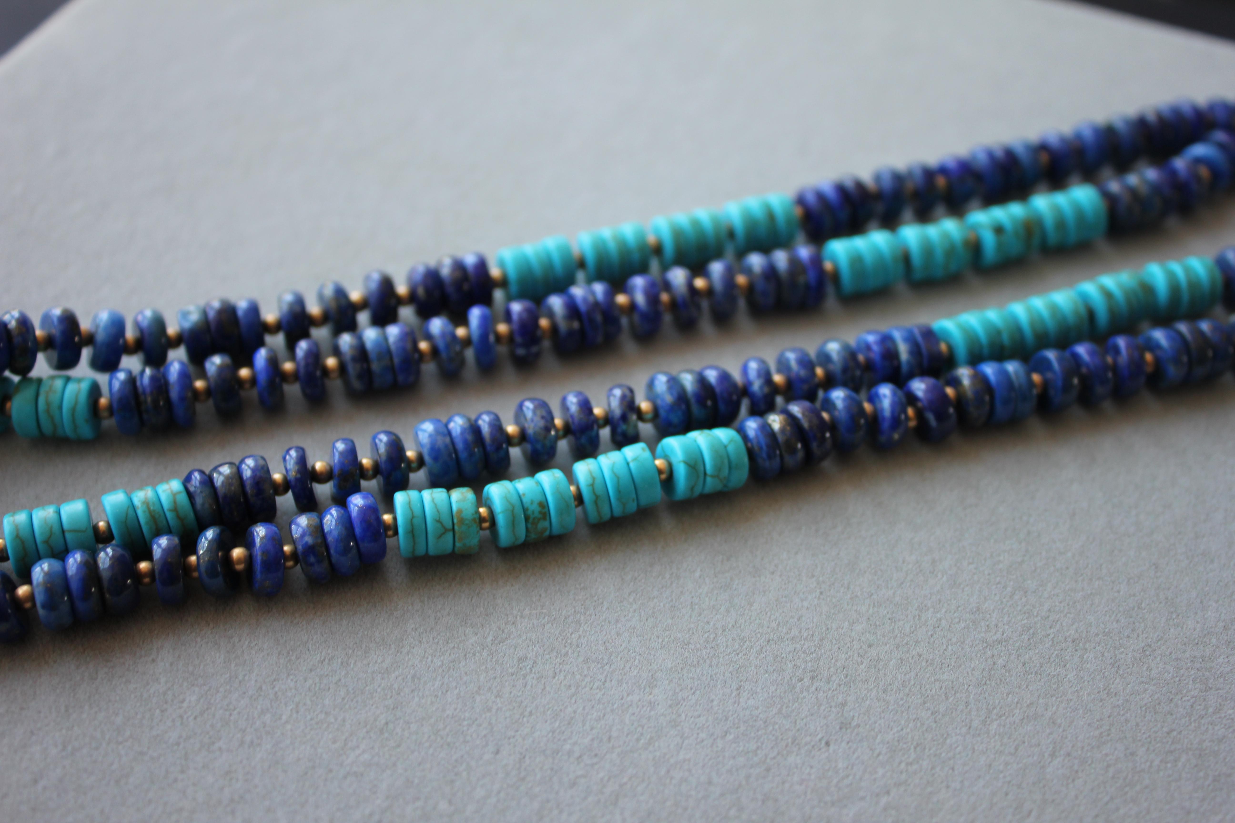 Blue Lapis Lazuli Turquoise Beads 14K Yellow Gold Bead Long Necklace For Sale 12