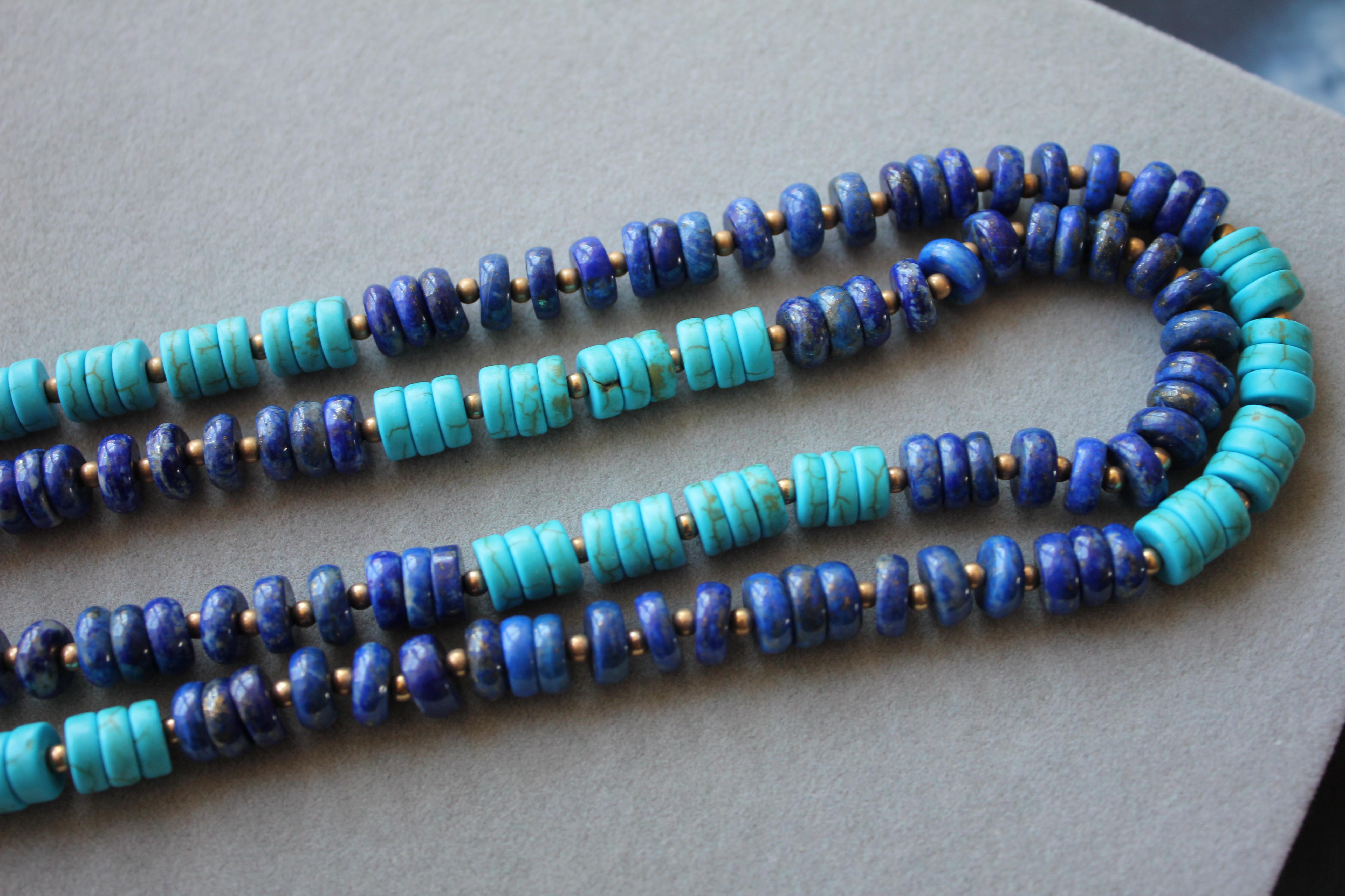 Blue Lapis Lazuli Turquoise Beads 14K Yellow Gold Bead Long Necklace For Sale 14