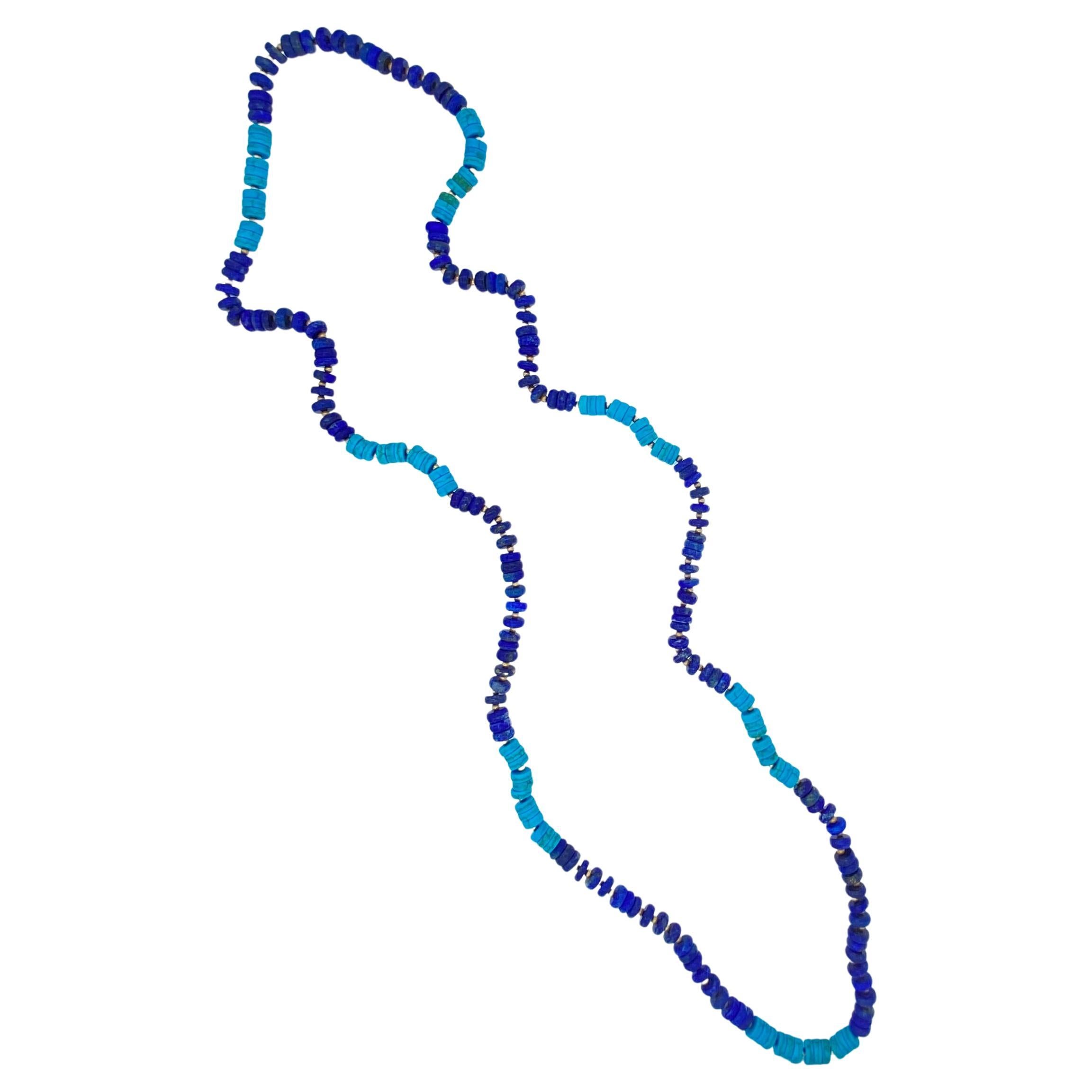 Blue Lapis Lazuli Turquoise Beads 14K Yellow Gold Bead Long Necklace
14K Gold Beads
Length 40 inches 
Beads are around 3-5mm in width
Natural Blue Lapis Lazuli & Turquoise