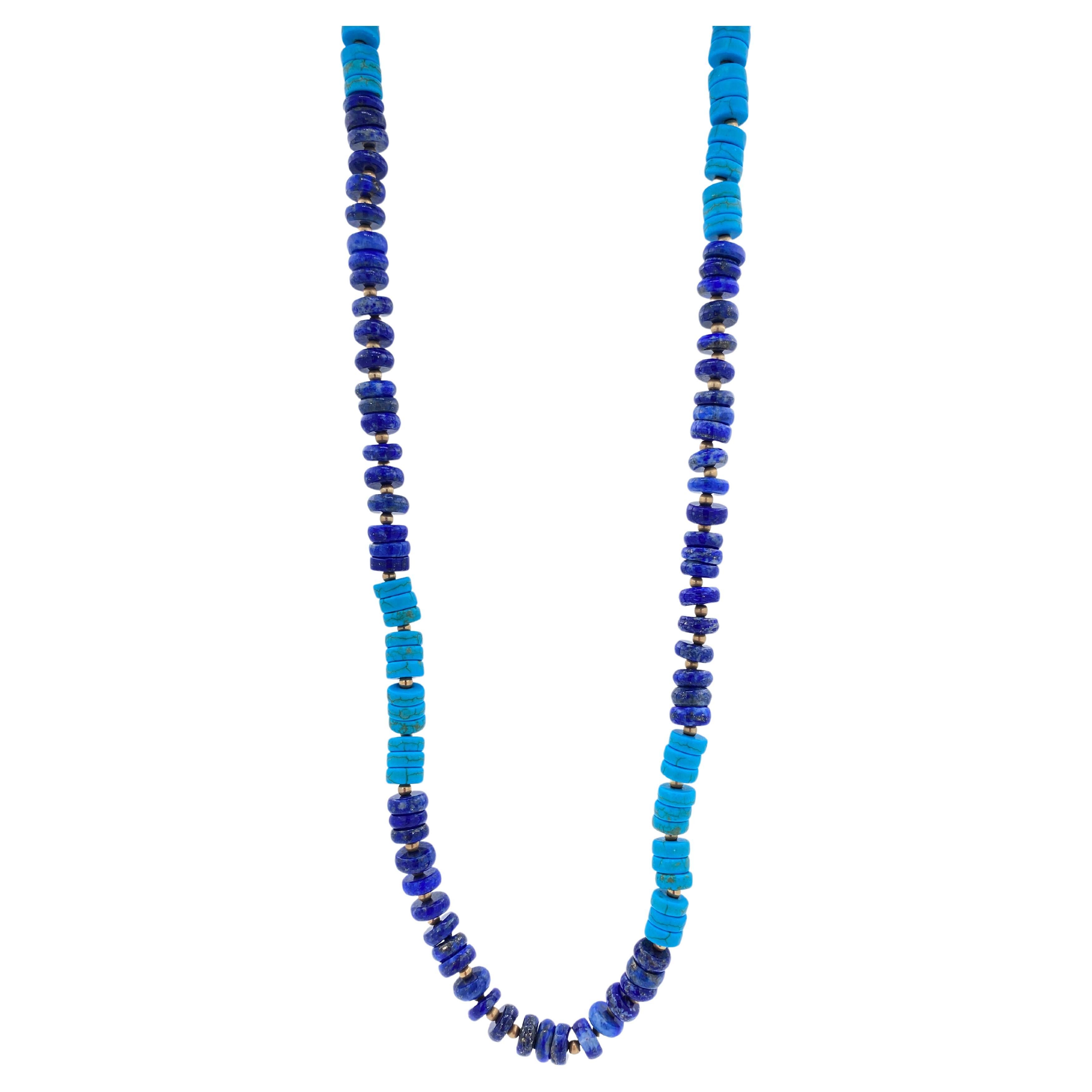 Art Deco Blue Lapis Lazuli Turquoise Beads 14K Yellow Gold Bead Long Necklace For Sale