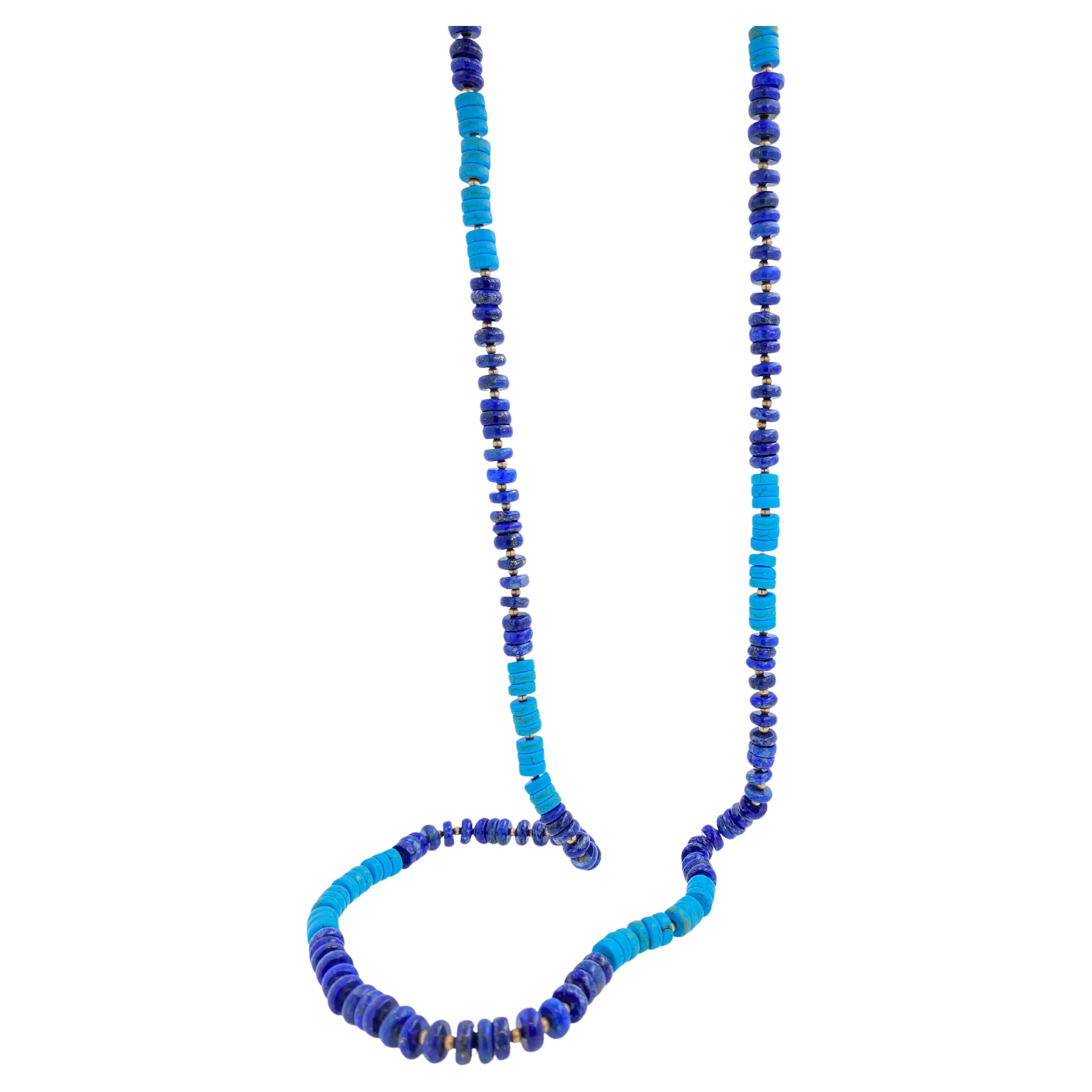 Blue Lapis Lazuli Turquoise Beads 14K Yellow Gold Bead Long Necklace In New Condition For Sale In Oakton, VA