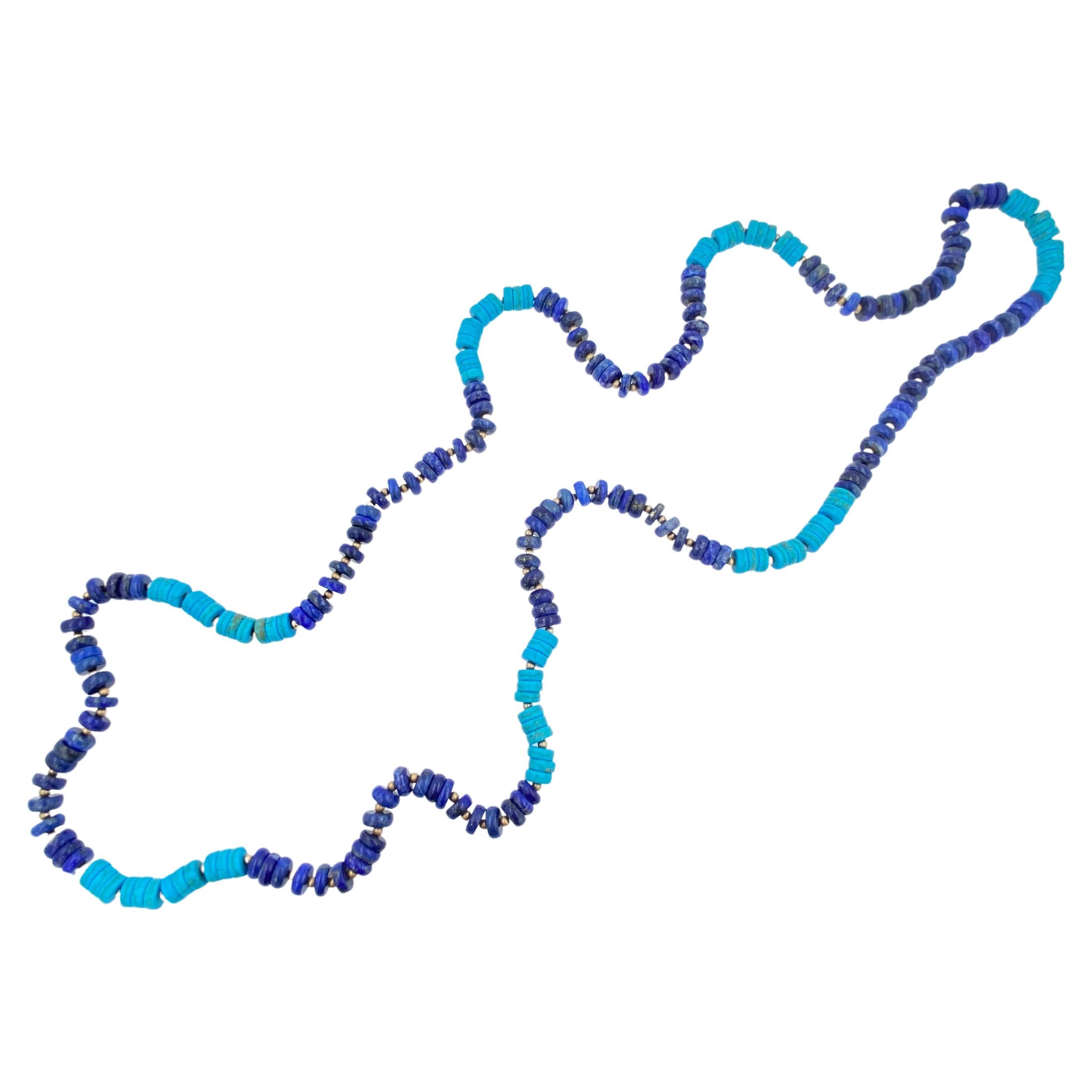 Women's or Men's Blue Lapis Lazuli Turquoise Beads 14K Yellow Gold Bead Long Necklace For Sale