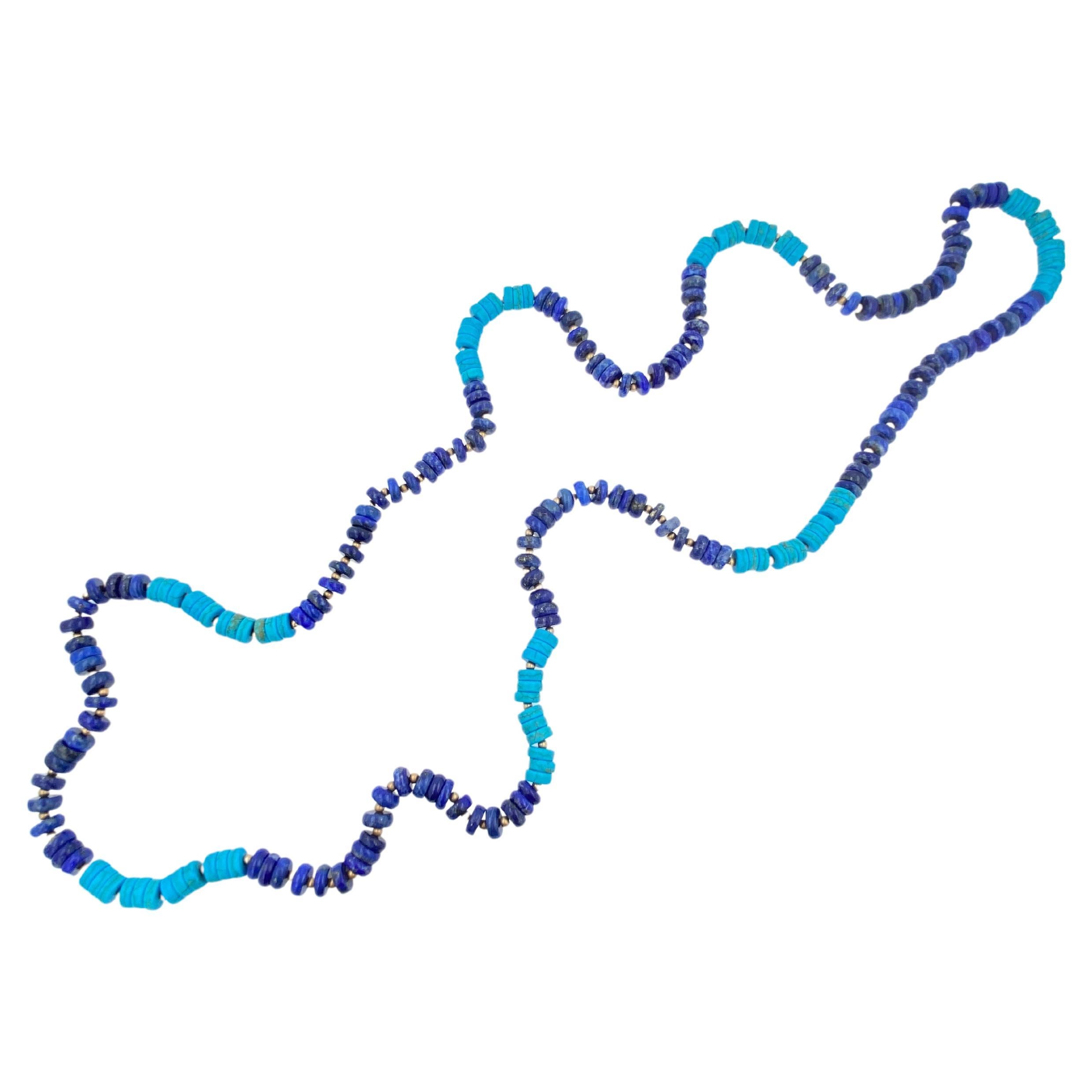 Blue Lapis Lazuli Turquoise Beads 14K Yellow Gold Bead Long Necklace For Sale 1