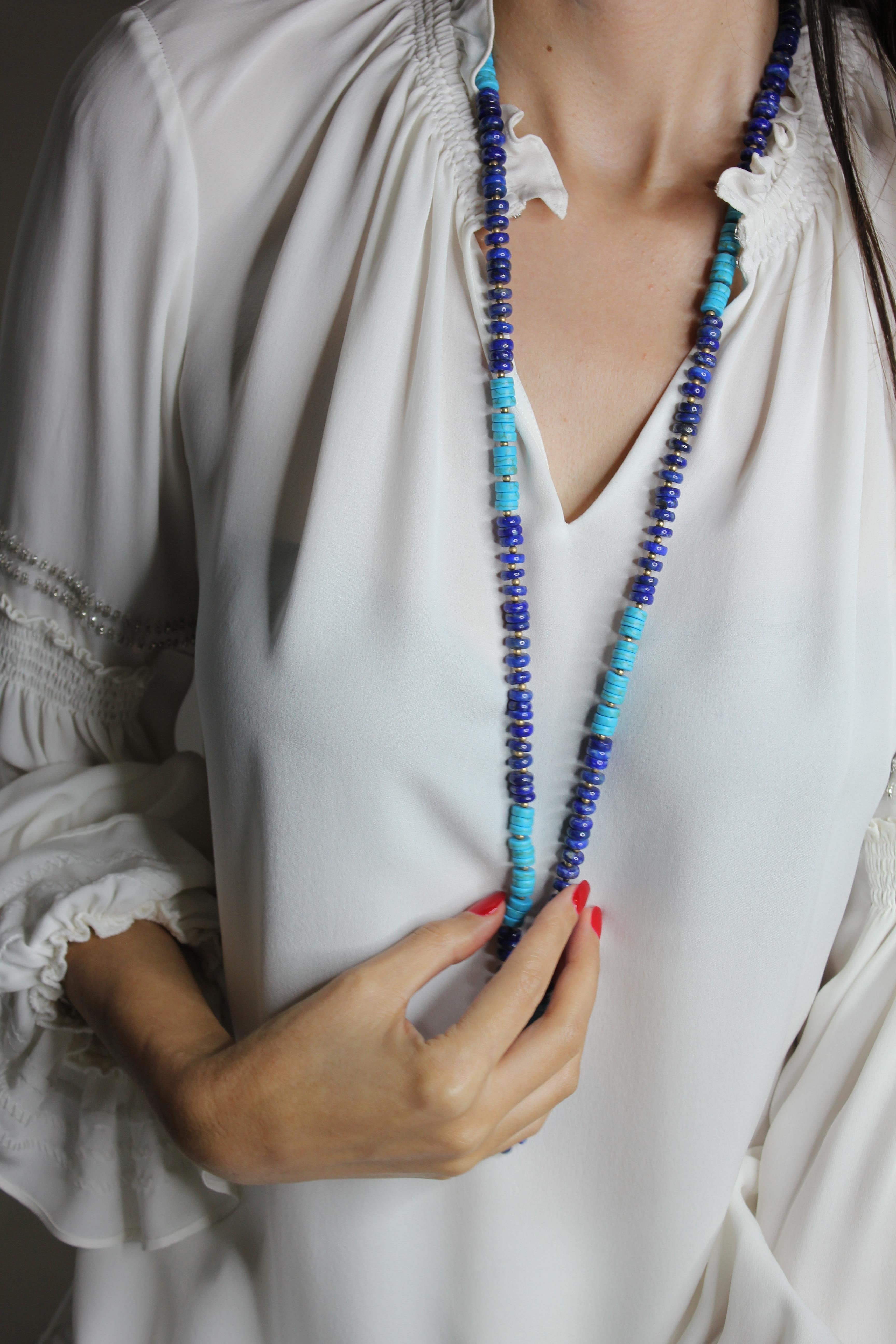 Blue Lapis Lazuli Turquoise Beads 14K Yellow Gold Bead Long Necklace For Sale 3