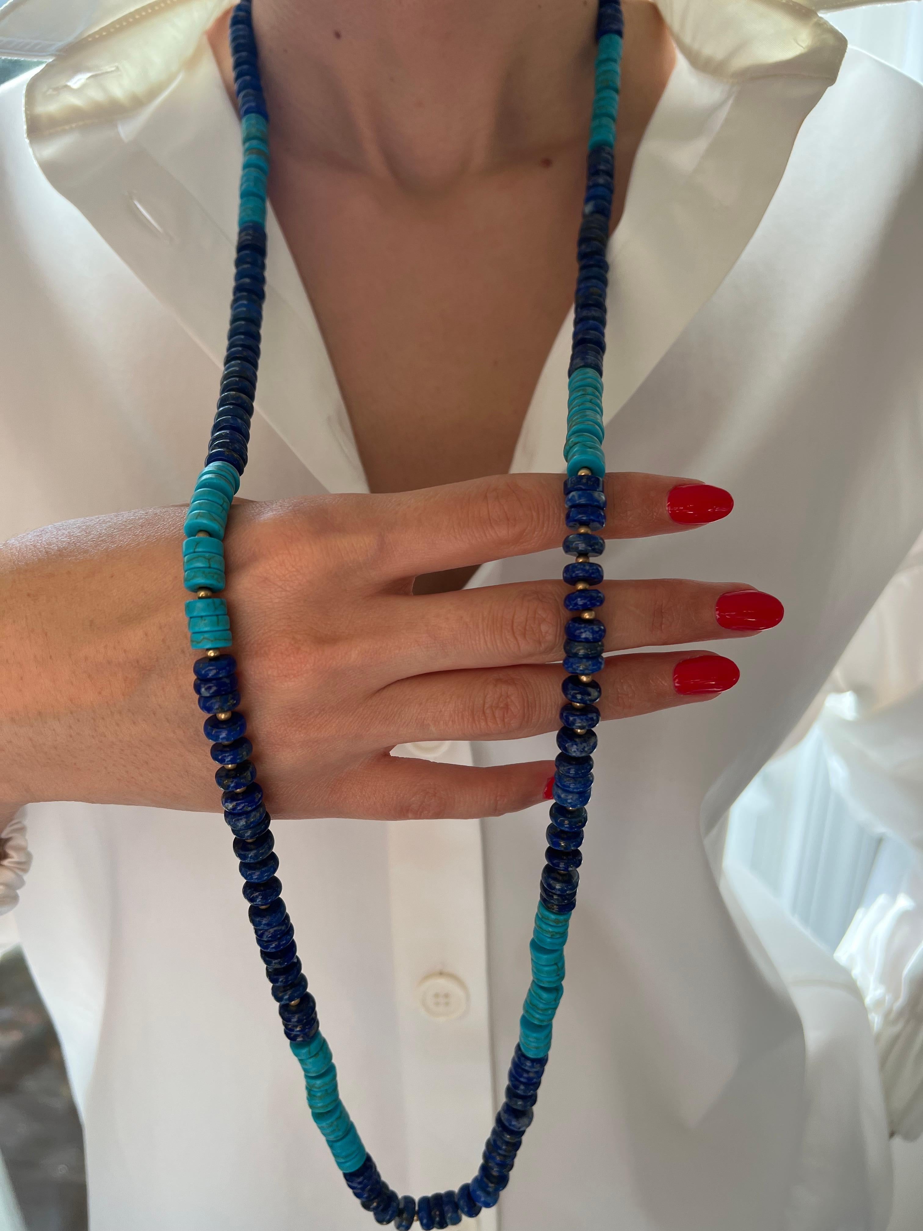 Blue Lapis Lazuli Turquoise Beads 14K Yellow Gold Bead Long Necklace For Sale 4