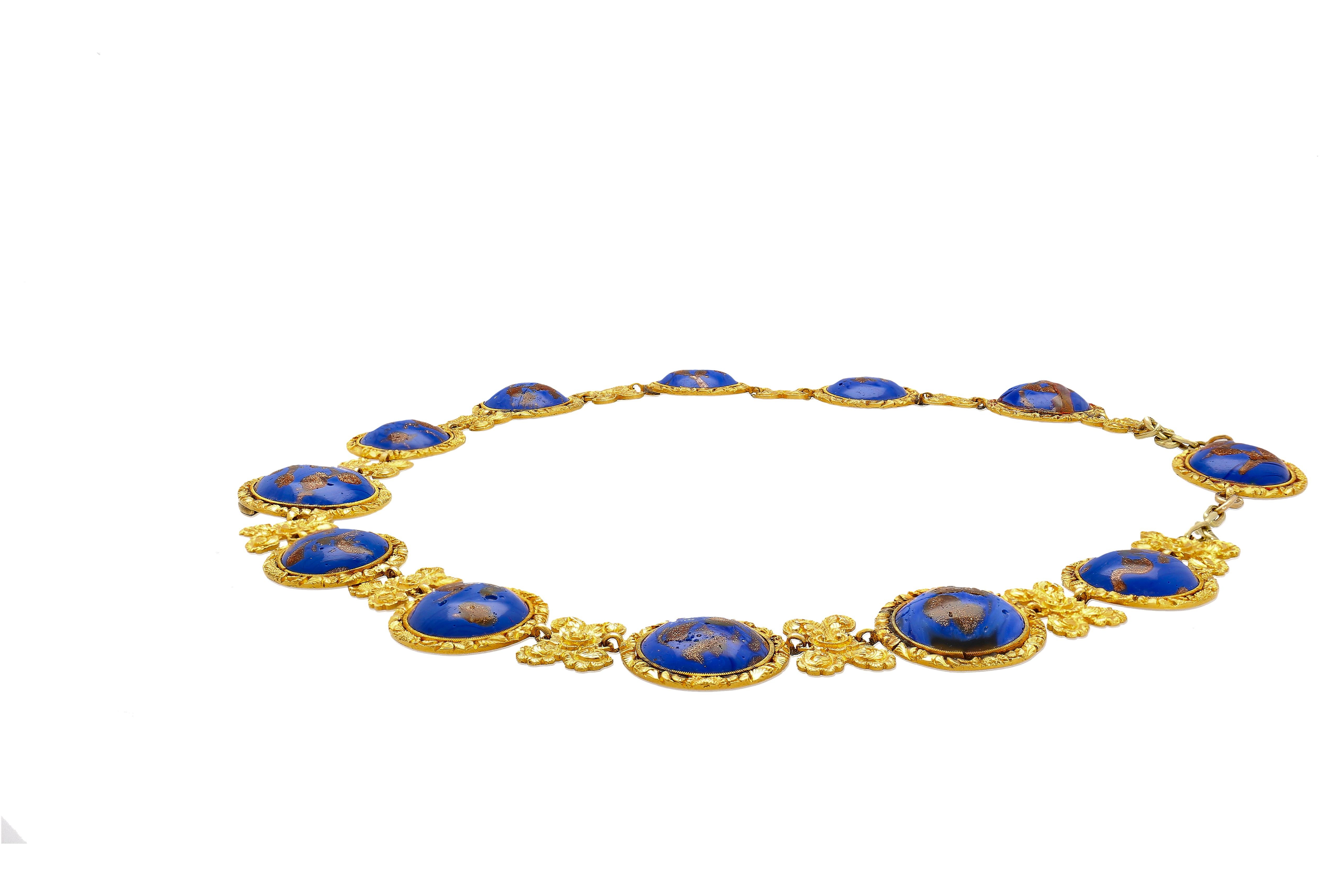 Art Nouveau Blue Lapis Reviere Necklace in 14k & 18K Gold For Sale