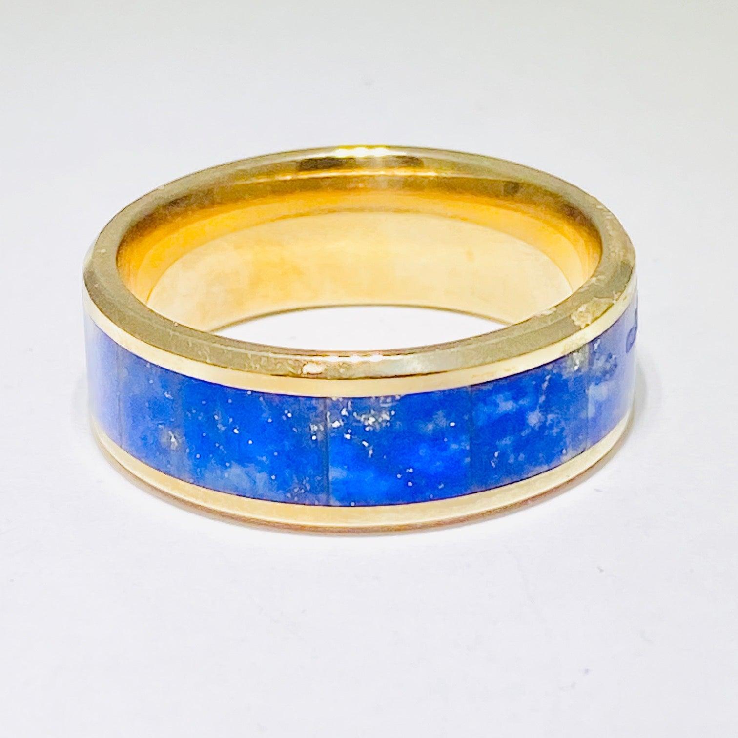 For Sale:  Blue Lapis Ring in 14 Karat Yellow Gold Men's Band Inlay 2