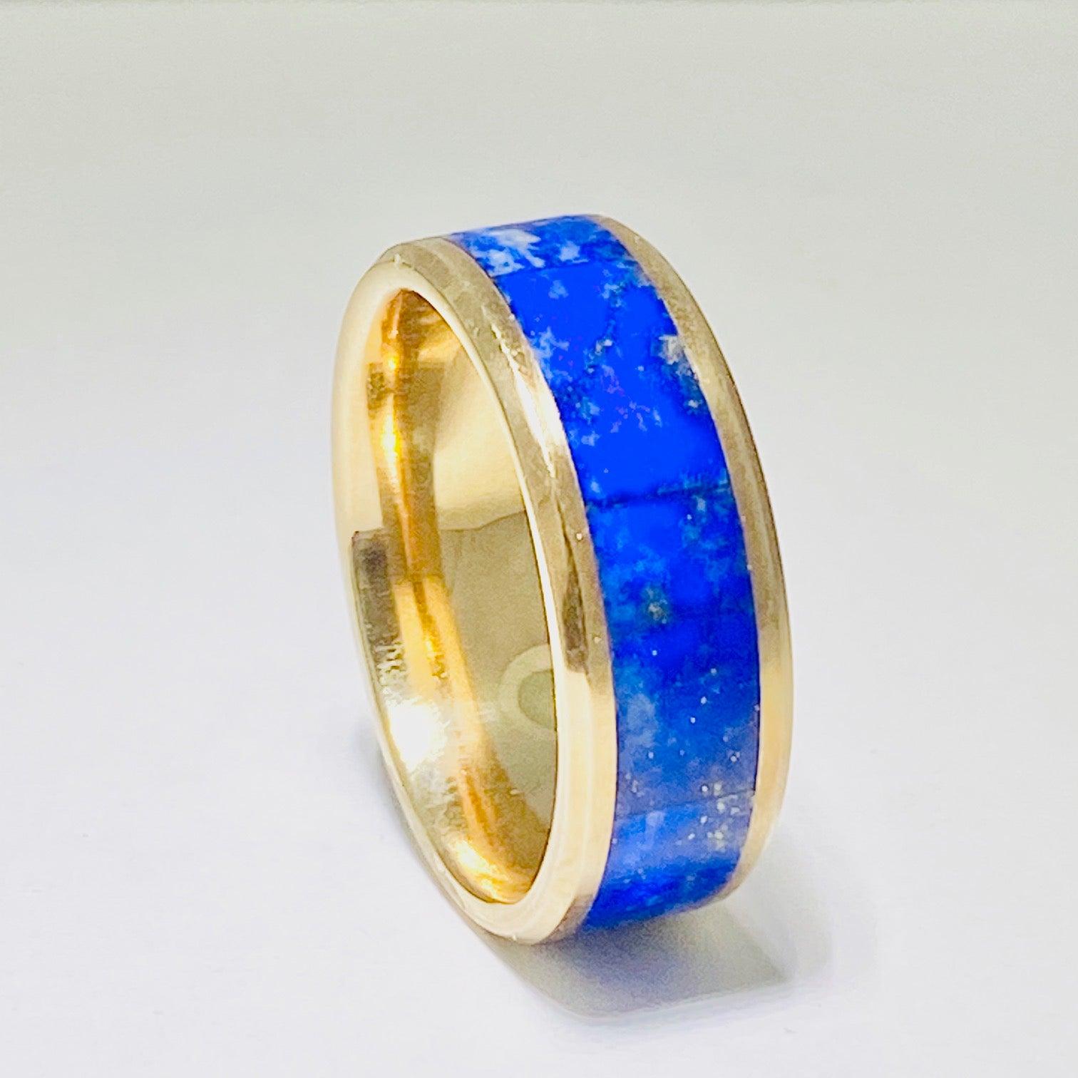 For Sale:  Blue Lapis Ring in 14 Karat Yellow Gold Men's Band Inlay 4