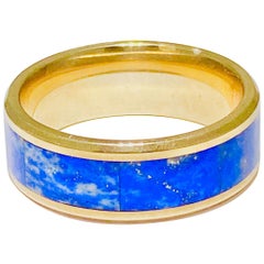 Blue Lapis Ring in 14 Karat Yellow Gold Men's Band Inlay