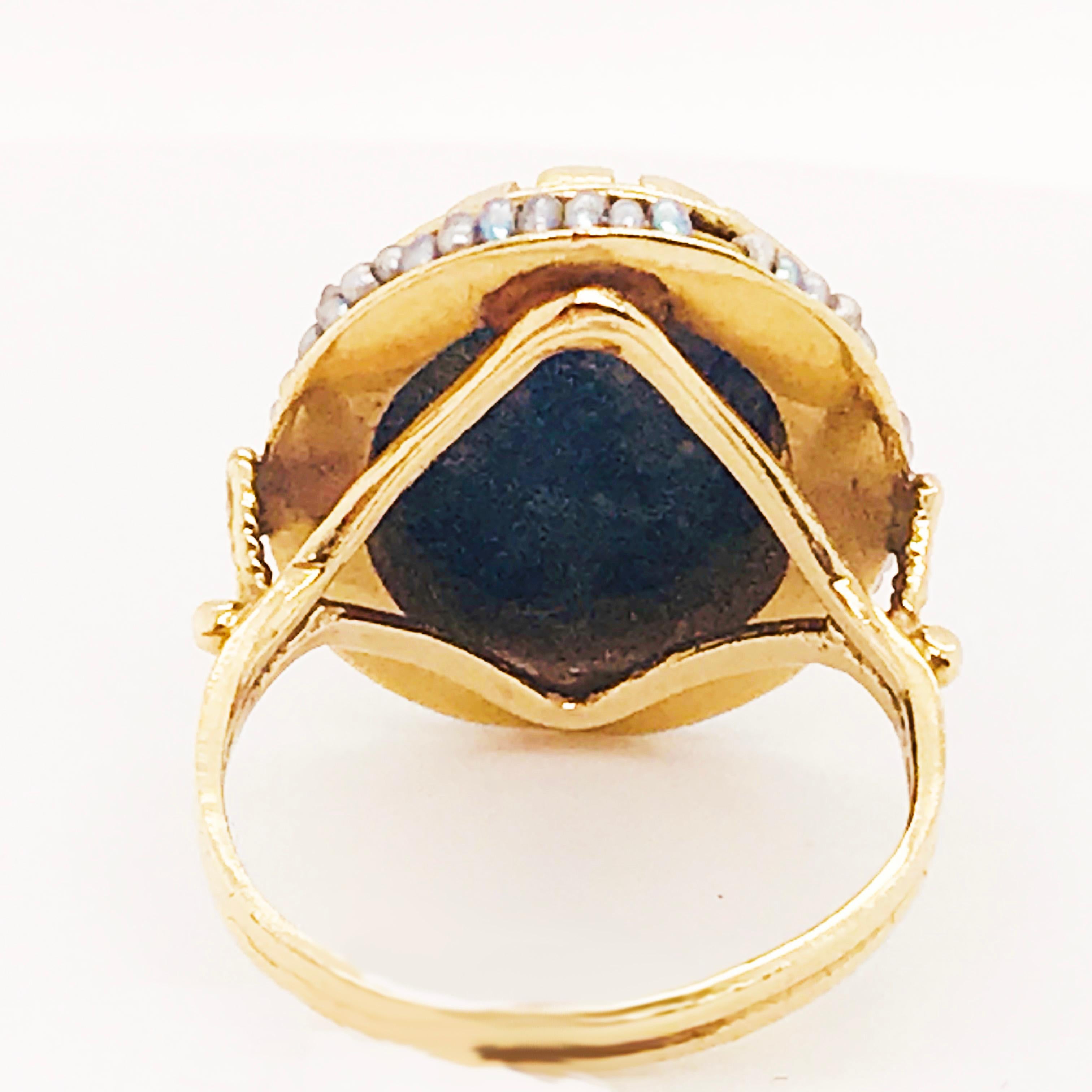 Oval Cut Blue Lapis and Seed Pearl Halo Estate Ring 14 Karat Yellow Gold, circa 1960