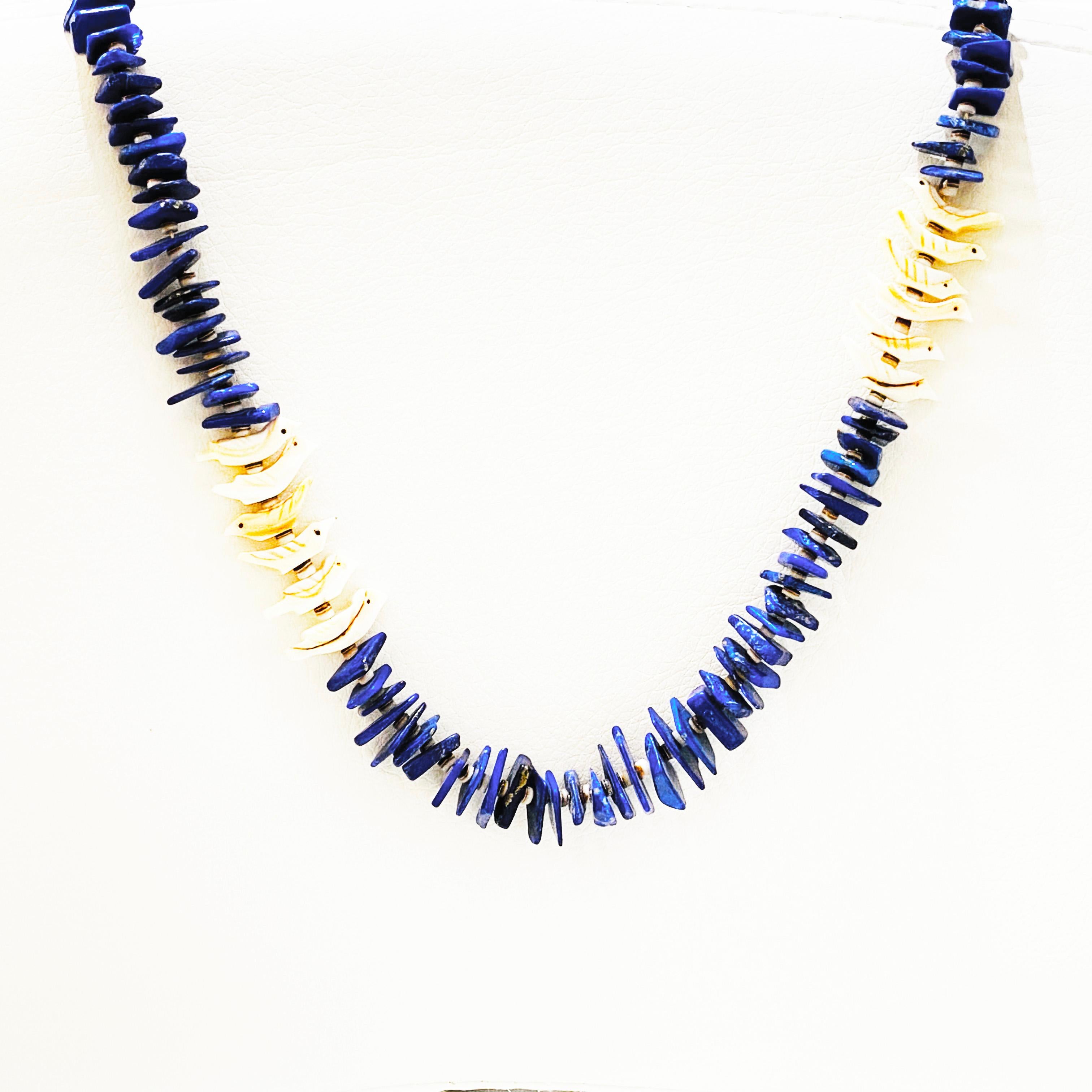 This southwest blue lapis and white shell necklace has beautiful blue and white colors!  This will match so much in your wardrobe!  The 24 inches can go over your head and is easy to put on or you can use the easy sterling hook!
Metal Quality: