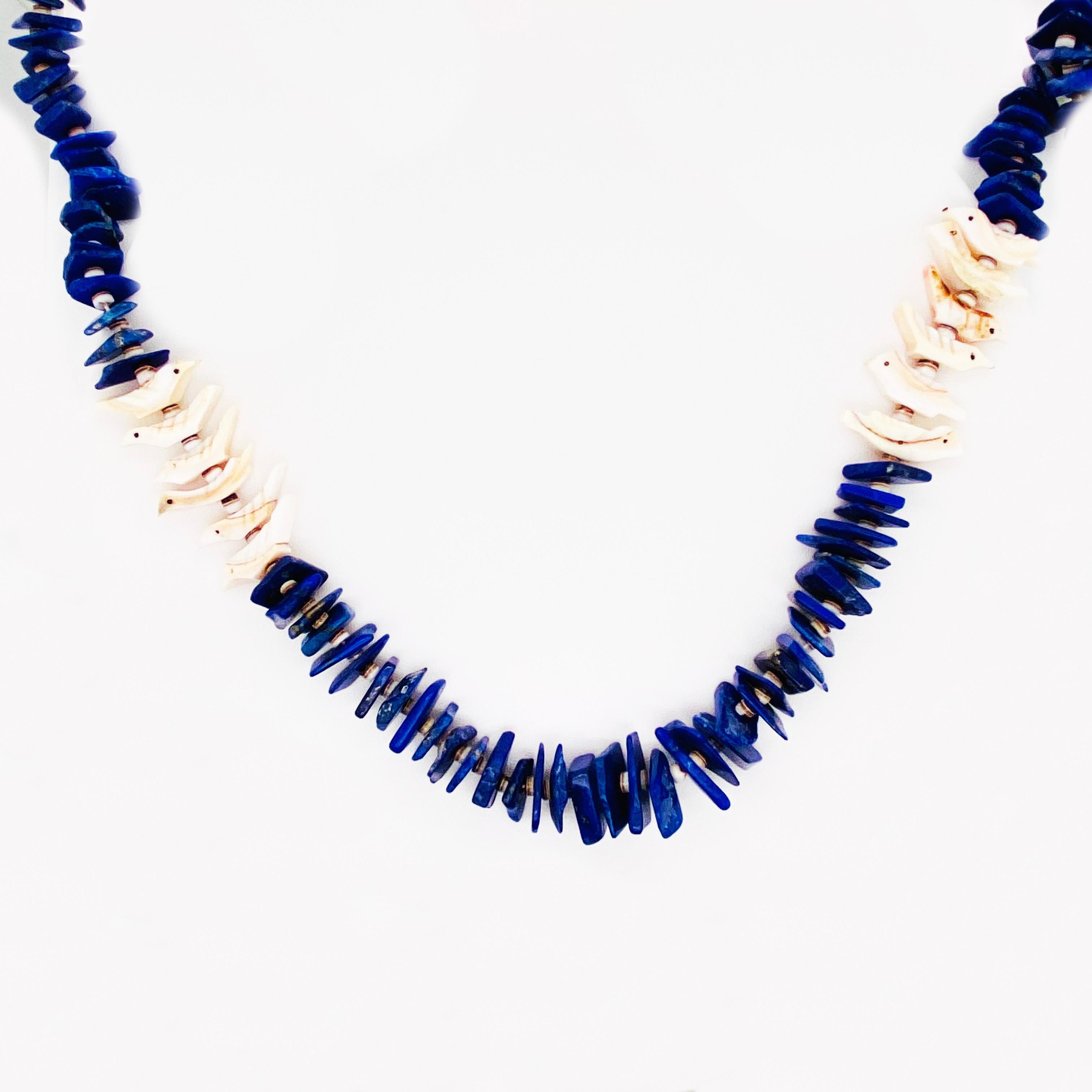 Arts and Crafts Blue Lapis & Shell Organic Bird Necklace Natural Lapis Beads & Hand Carved Shell For Sale