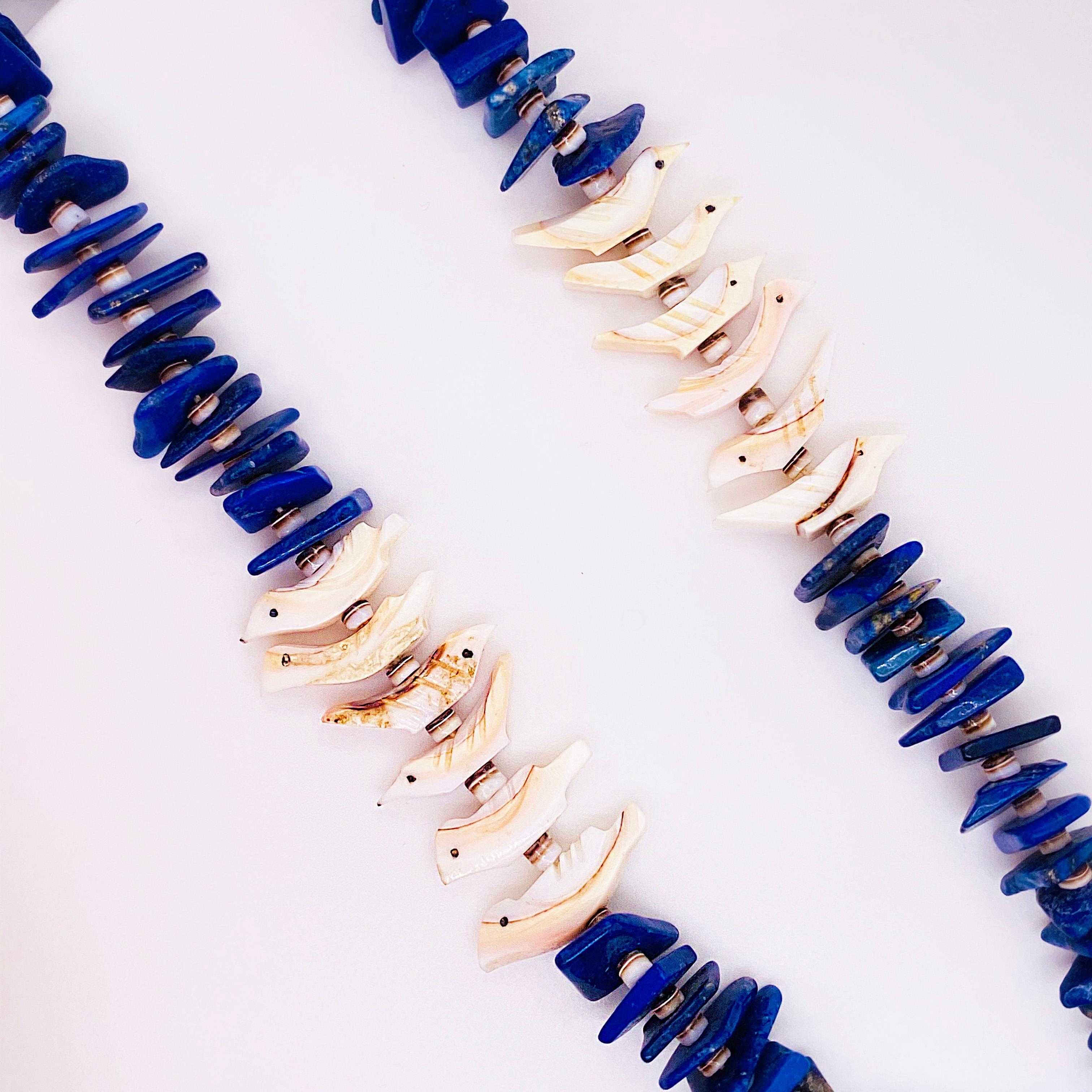 Blue Lapis & Shell Organic Bird Necklace Natural Lapis Beads & Hand Carved Shell In New Condition For Sale In Austin, TX