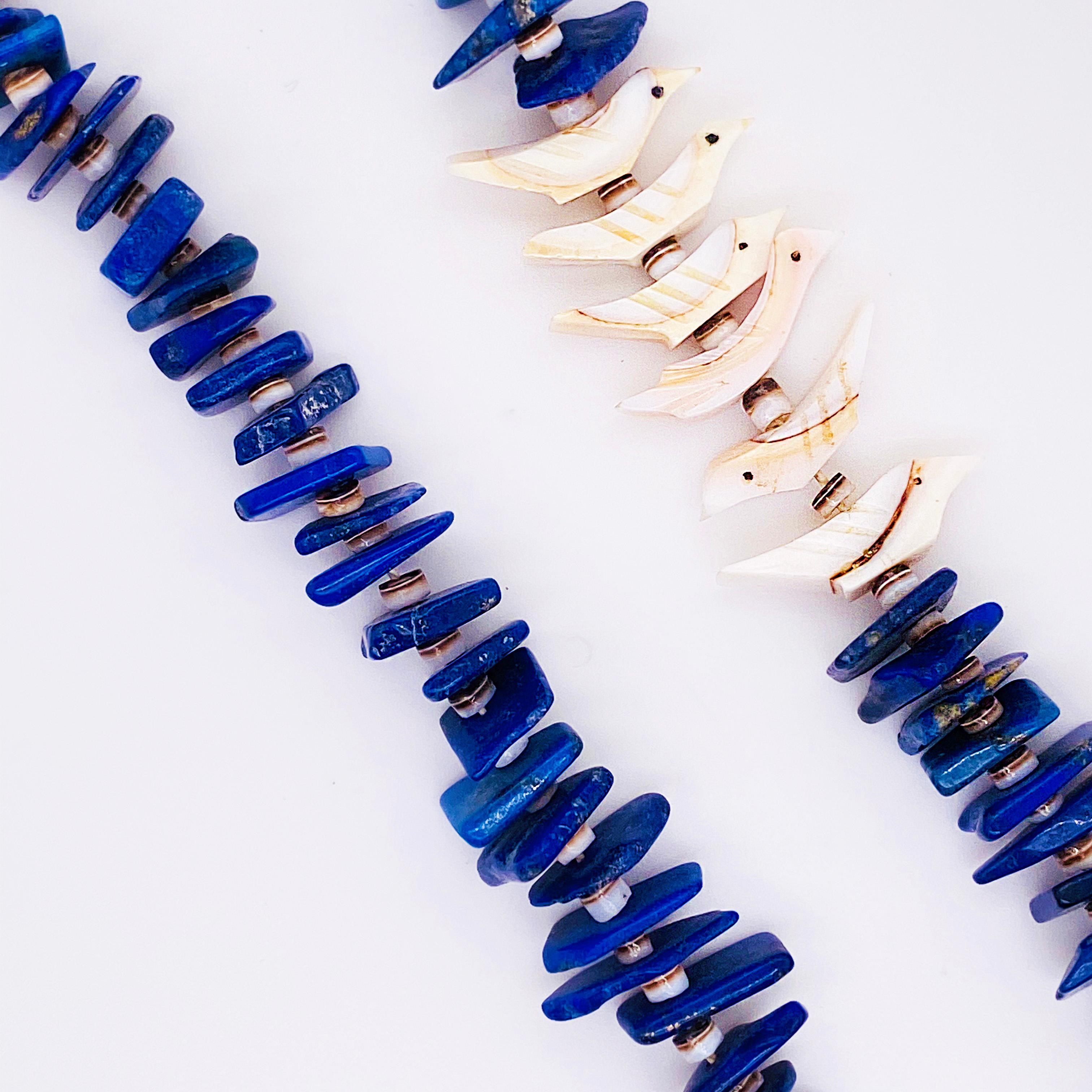 Women's Blue Lapis & Shell Organic Bird Necklace Natural Lapis Beads & Hand Carved Shell For Sale