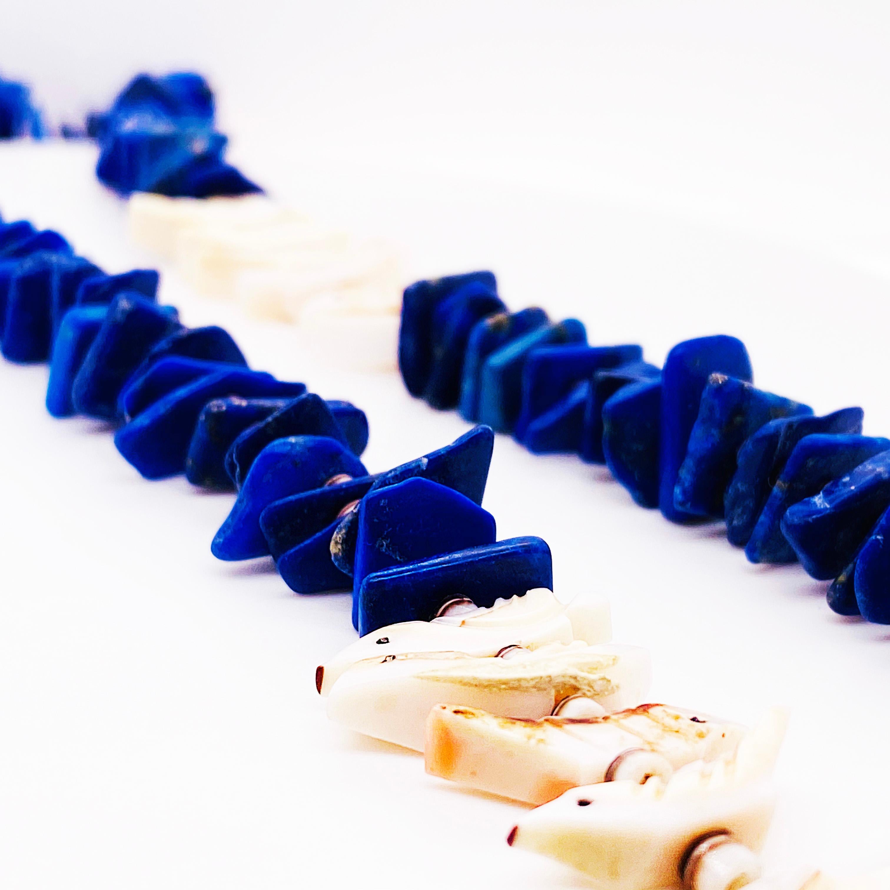 Blue Lapis & Shell Organic Bird Necklace Natural Lapis Beads & Hand Carved Shell For Sale 1