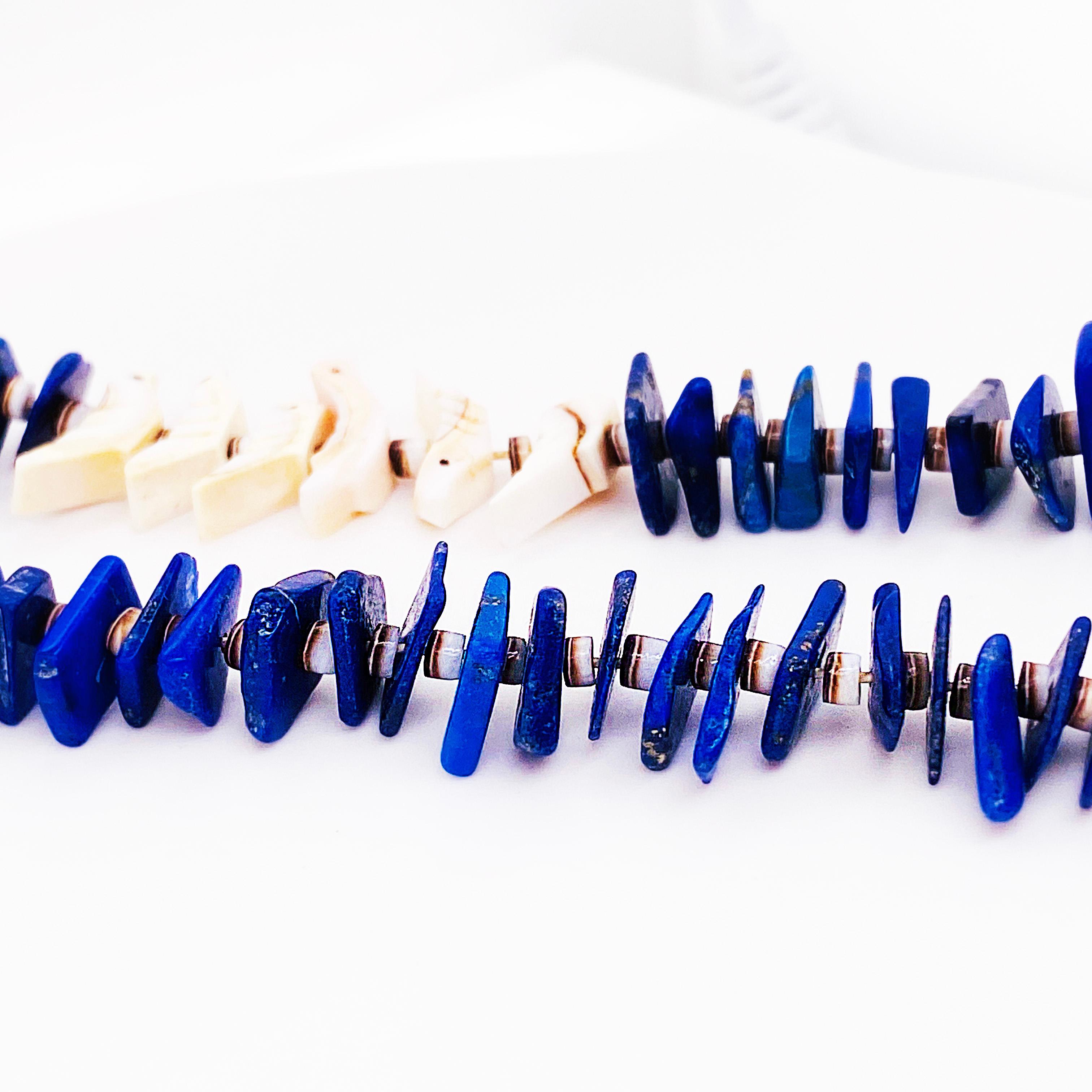 Blue Lapis & Shell Organic Bird Necklace Natural Lapis Beads & Hand Carved Shell For Sale 2