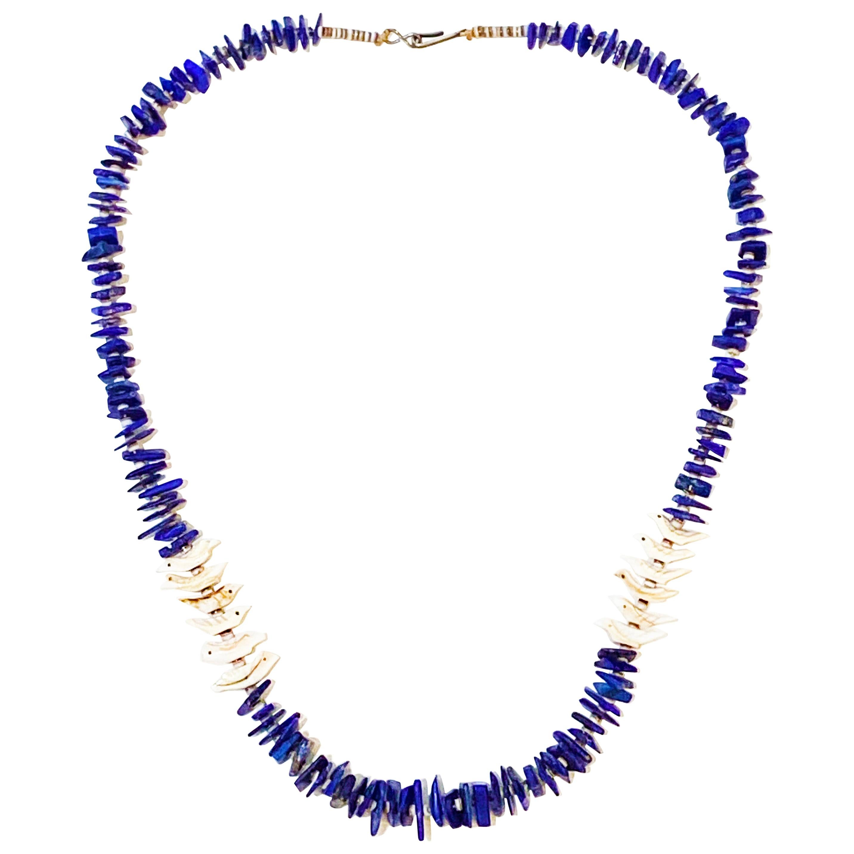 Blue Lapis & Shell Organic Bird Necklace Natural Lapis Beads & Hand Carved Shell For Sale