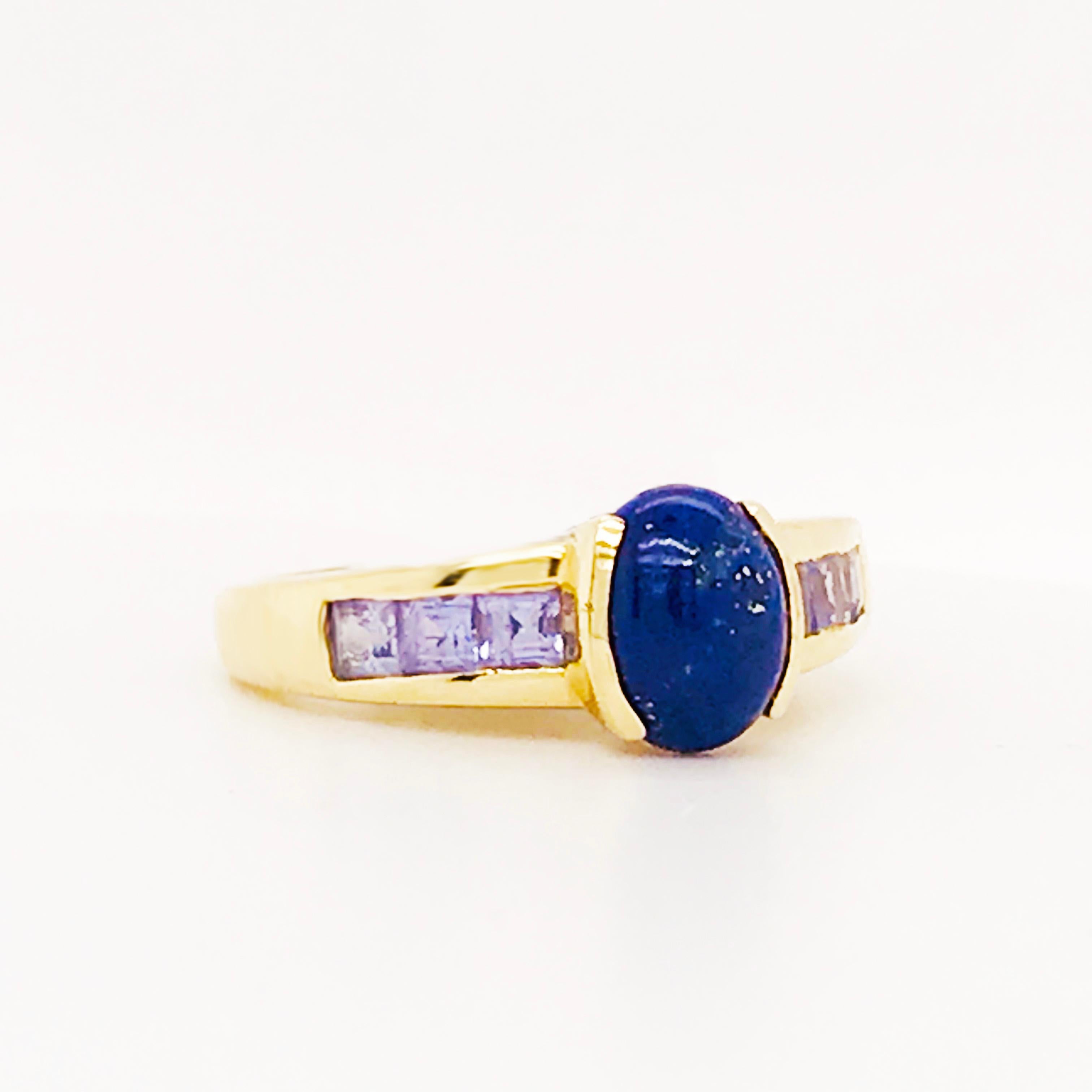 Artisan Blue Lapis and Tanzanite Gemstone Ring 14 Karat Gold Custom Design Fashion Ring